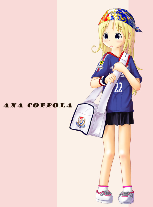 tsubasa (abchipika), ana coppola, ichigo mashimaro, translated, 1girl, bag, blonde hair, blue headscarf, child, female focus, headscarf, shoulder bag, solo