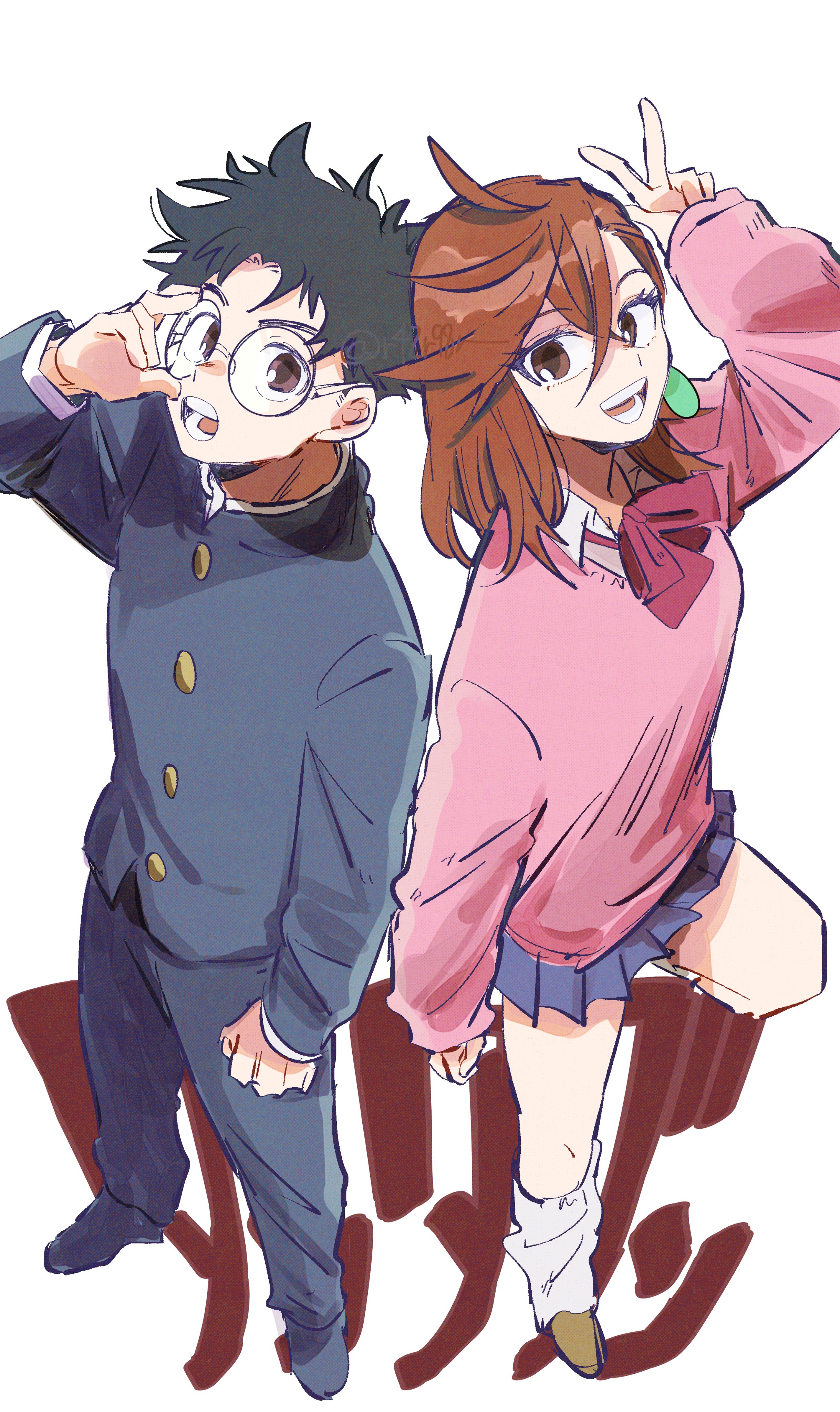 bibiri (r42r98r), ayase momo, takakura ken (dandadan), dandadan, absurdres, commentary request, highres, 1boy, 1girl, adjusting eyewear, black hair, black jacket, black pants, blue skirt, bow, bowtie, brown eyes, brown hair, brown shoes, collared shirt, copyright name, crossed bangs, earrings, full body, gakuran, glasses, gyaru, hair between eyes, hand up, jacket, jewelry, kami high school uniform, long sleeves, looking at viewer, loose socks, medium hair, miniskirt, open mouth, pants, pink sweater, pleated skirt, red bow, red bowtie, round eyewear, school uniform, shirt, shoes, short hair, skirt, socks, standing, standing on one leg, sweater, v, white background, white shirt, white socks