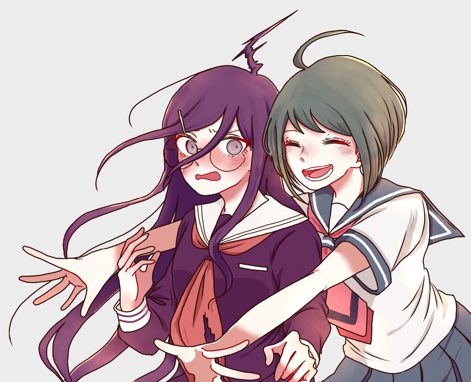 kiri (2htkz), fukawa toko, naegi komaru, danganronpa (series), danganronpa another episode: ultra despair girls, small pupils, commentary request, 2girls, ahoge, blue sailor collar, blue skirt, blush, closed eyes, collared shirt, eyelashes, glasses, green hair, hair ornament, hairclip, incoming hug, legendary super saiyan, long hair, long sleeves, multiple girls, neckerchief, necktie, open mouth, purple hair, purple shirt, red neckerchief, red necktie, round eyewear, sailor collar, school uniform, serafuku, shirt, simple background, skirt, smile, super saiyan, teeth, torn clothes, torn neckerchief, upper body, white background, white sailor collar, white shirt