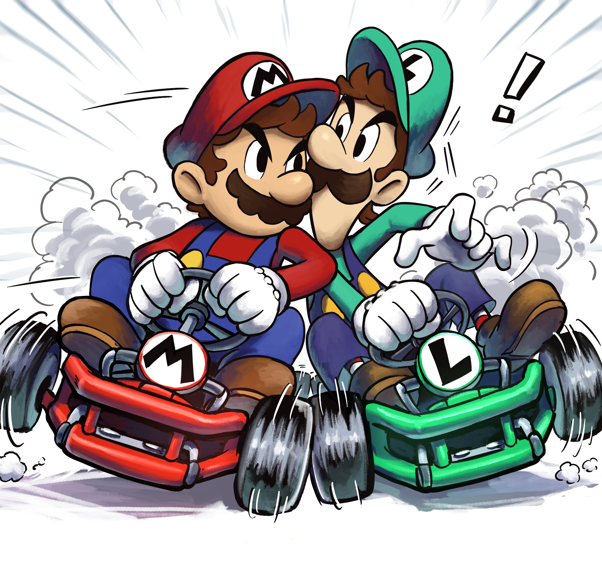 yamari (ya mari 6363), luigi, mario, mario & luigi rpg, mario (series), mario kart, nintendo, highres, !, 2boys, blue overalls, boots, brothers, brown boots, brown hair, facial hair, gloves, go-kart, green hat, green shirt, hat, looking at another, male focus, masanori sato (style), multiple boys, mustache, newsboy cap, overalls, red hat, red shirt, shirt, short hair, siblings, simple background, sitting, smoke, white background, white gloves