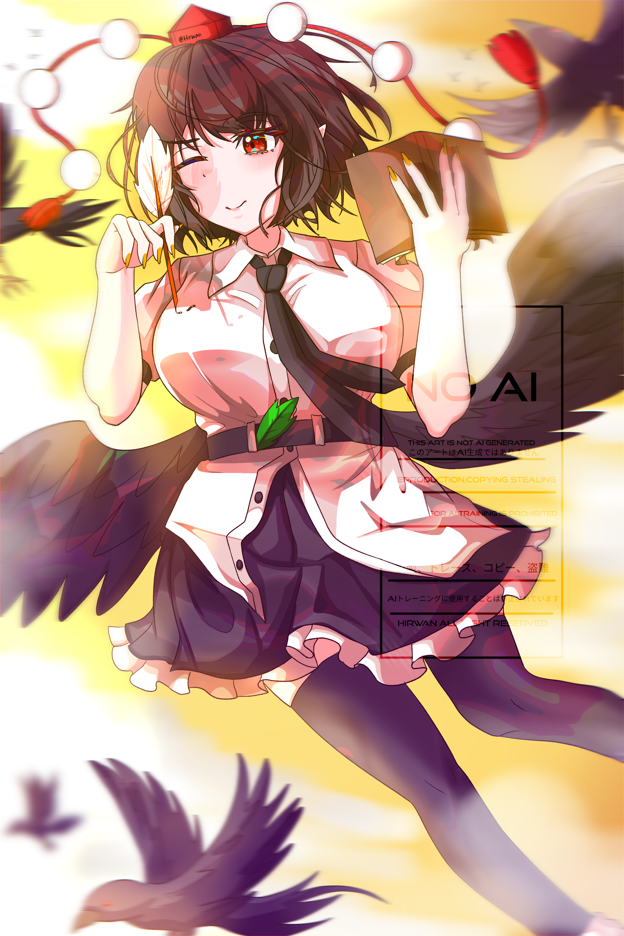 hirwannew, shameimaru aya, mountain of faith, touhou, absurdres, highres, ayaya~, bird, bird wings, black hair, black thighhighs, black wings, breasts, crow, geta, hat, hauchiwa, large breasts, leaf print, pom pom (clothes), red eyes, red hat, tengu, tengu-geta, thighhighs, tokin hat, wings