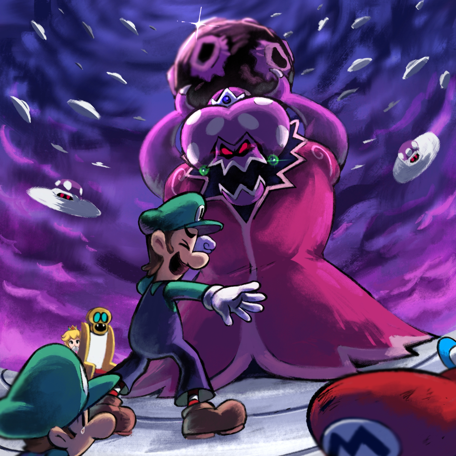 yamari (ya mari 6363), baby luigi, baby mario, elder princess shroob, luigi, mario, princess peach, shroob saucer, mario & luigi: partners in time, mario & luigi rpg, mario (series), nintendo, highres, 2girls, 4boys, blonde hair, blue overalls, boots, boss fight, brown boots, brown hair, closed eyes, crown, dress, earrings, facial hair, gloves, green hat, hat, jewelry, masanori sato (style), meteor, multiple boys, multiple girls, mustache, newsboy cap, open mouth, overalls, purple clouds, purple dress, purple sky, red eyes, red hat, short hair, sky, socks, sphere earrings, stone floor, striped clothes, striped socks, white gloves