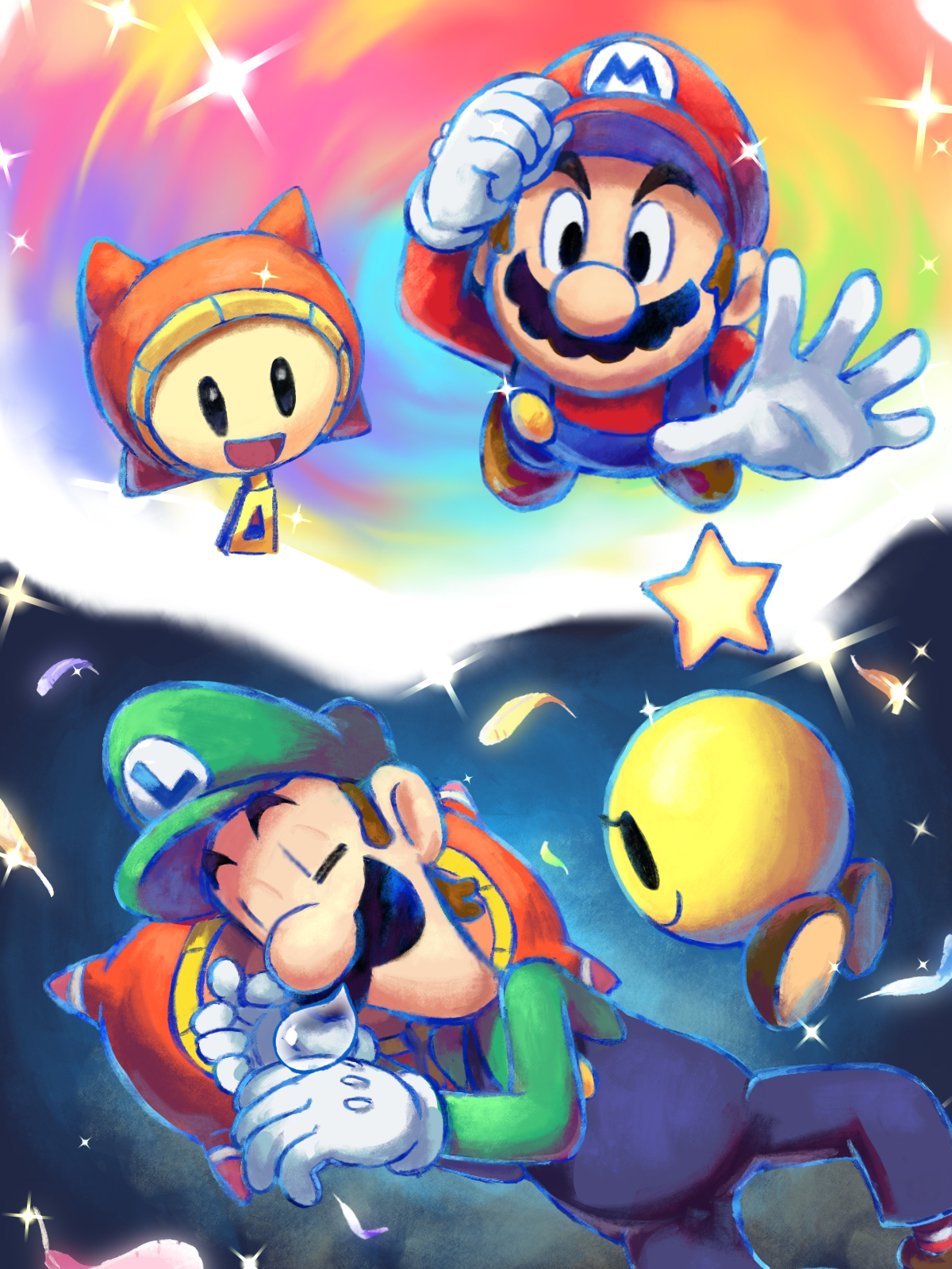 yamari (ya mari 6363), luigi, mario, prince dreambert, starlow, mario & luigi: dream team, mario & luigi rpg, mario (series), nintendo, highres, 2boys, 2others, blue overalls, boots, brothers, brown boots, brown hair, closed eyes, facial hair, feathers, gloves, green hat, green shirt, hat, long sleeves, masanori sato (style), multiple boys, multiple others, mustache, nose bubble, open mouth, overalls, pi'illo, pillow, red hat, red shirt, red socks, shirt, short hair, siblings, sleeping, socks, star (symbol), striped clothes, striped socks, white gloves, white socks