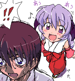 hanyuu, maebara keiichi, higurashi no naku koro ni, lowres, !, !!, 00s, 1boy, 1girl, blue eyes, blush, brown hair, detached sleeves, hakama, hakama skirt, horns, japanese clothes, long hair, miko, musical note, oekaki, purple eyes, purple hair, quaver, red hakama, skirt, spoken exclamation mark
