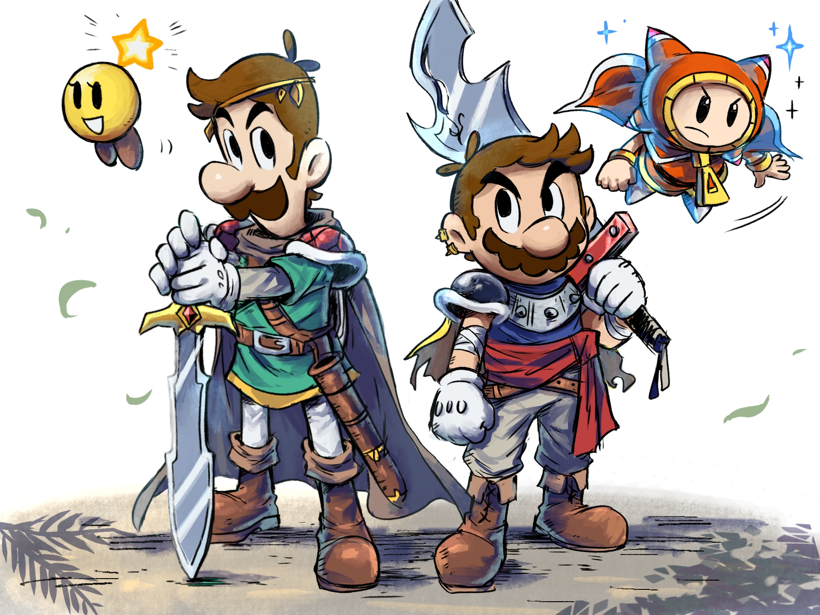 yamari (ya mari 6363), luigi, mario, prince dreambert, starlow, mario & luigi: dream team, mario & luigi rpg, mario (series), nintendo, highres, 1other, 3boys, alternate costume, armor, brothers, brown hair, cape, facial hair, floating, full body, gloves, green tunic, grey pants, holding, holding sword, holding weapon, layered sleeves, long sleeves, looking at another, multiple boys, mustache, over shoulder, pants, pauldrons, pi'illo, short hair, short over long sleeves, short sleeves, shoulder armor, siblings, simple background, sleeveless, standing, sword, tunic, weapon, weapon over shoulder, white background, white gloves, yellow cape