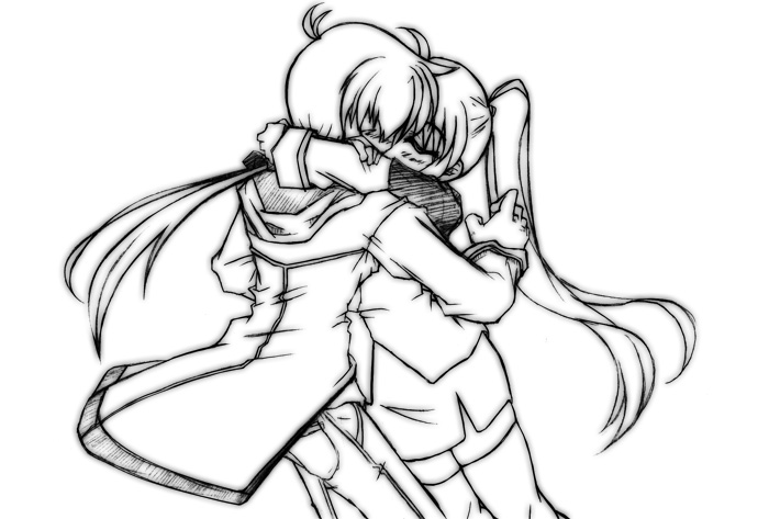 takamachi nanoha, yuuno scrya, lyrical nanoha, mahou shoujo lyrical nanoha, mahou shoujo lyrical nanoha strikers, 00s, 1boy, 1girl, greyscale, hetero, hug, military, military uniform, monochrome, ponytail, side ponytail, thighhighs