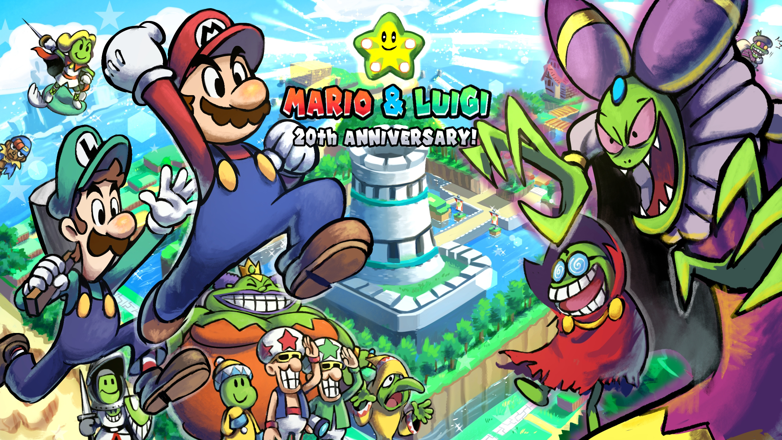 yamari (ya mari 6363), cackletta, fawful, geno (mario), lady lima, luigi, mario, pea (mario), popple (mario), prince peasley, queen bean, sergeant starshade, mario & luigi: superstar saga, mario & luigi rpg, mario (series), nintendo, highres, 3girls, 6+boys, @ @, anniversary, beanbean troop, beanstar, blue overalls, breasts, brown hair, building, clenched hands, cloud, colored skin, crown, day, facial hair, general starshade, gloves, gold crown, green hat, green shirt, green skin, hammer, hat, holding, holding hammer, long sleeves, masanori sato (style), multiple boys, multiple girls, mustache, newsboy cap, open mouth, outdoors, overalls, red hat, red shirt, sharp teeth, shirt, sky, star (symbol), teeth, white gloves
