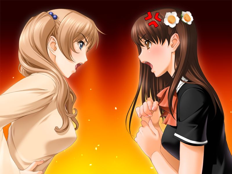 sano toshihide, ayanojou reiko, sakurazaka megumi, g.j?, queen bonjourno, game cg, non-web source, 2girls, anger vein, blonde hair, brown hair, catfight, multiple girls, twintails