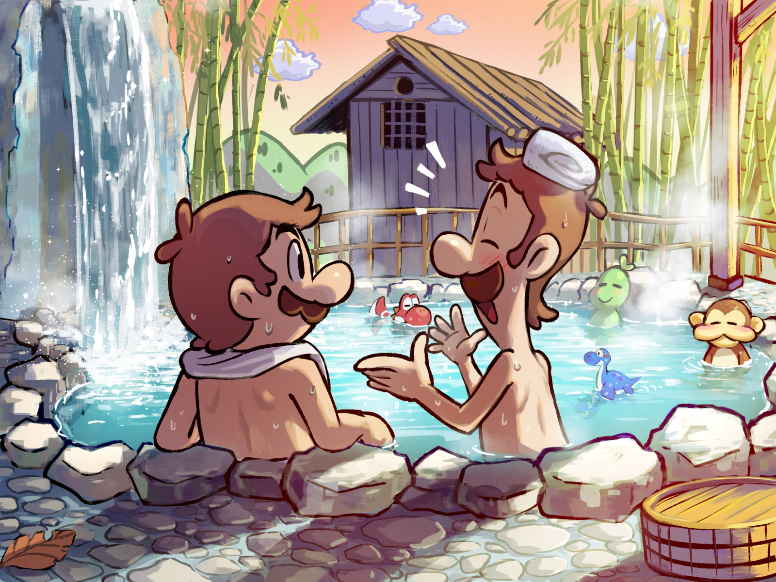 yamari (ya mari 6363), dorrie, luigi, mario, pea (mario), red yoshi, ukiki, yoshi, mario & luigi rpg, mario (series), nintendo, highres, 2boys, :d, ^ ^, bamboo, bamboo forest, bathhouse, black eyes, blush, brothers, brown hair, bucket, closed eyes, cloud, facial hair, fence, forest, hands up, hill, leaf, looking at another, male focus, masanori sato (style), monkey, multiple boys, mustache, nature, notice lines, onsen, open mouth, orange sky, outdoors, partially submerged, rock, same-sex bathing, shared bathing, short hair, siblings, sky, smile, steam, topless male, towel, towel around neck, towel on head, water, waterfall, wet, wooden bucket