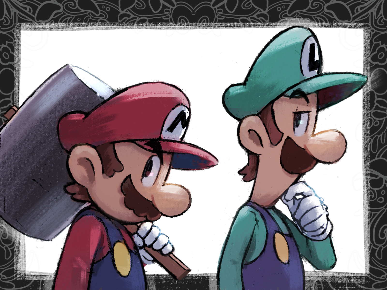 yamari (ya mari 6363), luigi, mario, mario & luigi rpg, mario (series), nintendo, highres, 2boys, blue overalls, border, brothers, brown hair, facial hair, from side, gloves, green hat, green shirt, hammer, hat, holding, holding hammer, male focus, masanori sato (style), multiple boys, mustache, newsboy cap, overalls, red hat, red shirt, shirt, short hair, siblings, simple background, upper body, white background, white gloves