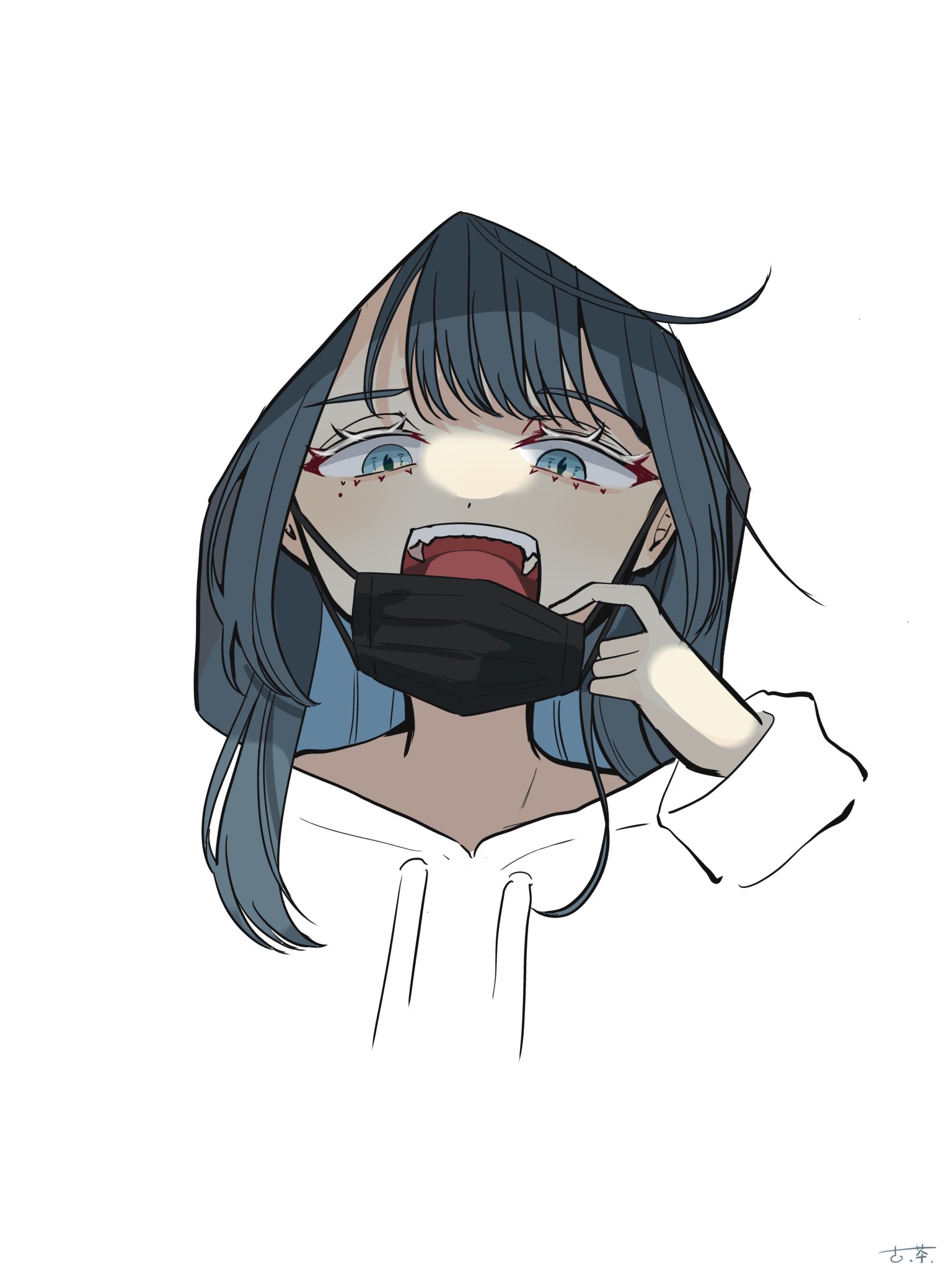 cotha do, chando (ado), ado (utaite), commentary, highres, 1girl, black mask, blending, blue eyes, blue hair, colored inner hair, hood, hood up, long hair, long sleeves, mask, mask pull, mole, mole under eye, mouth mask, multicolored hair, open mouth, simple background, solo, utaite, white background