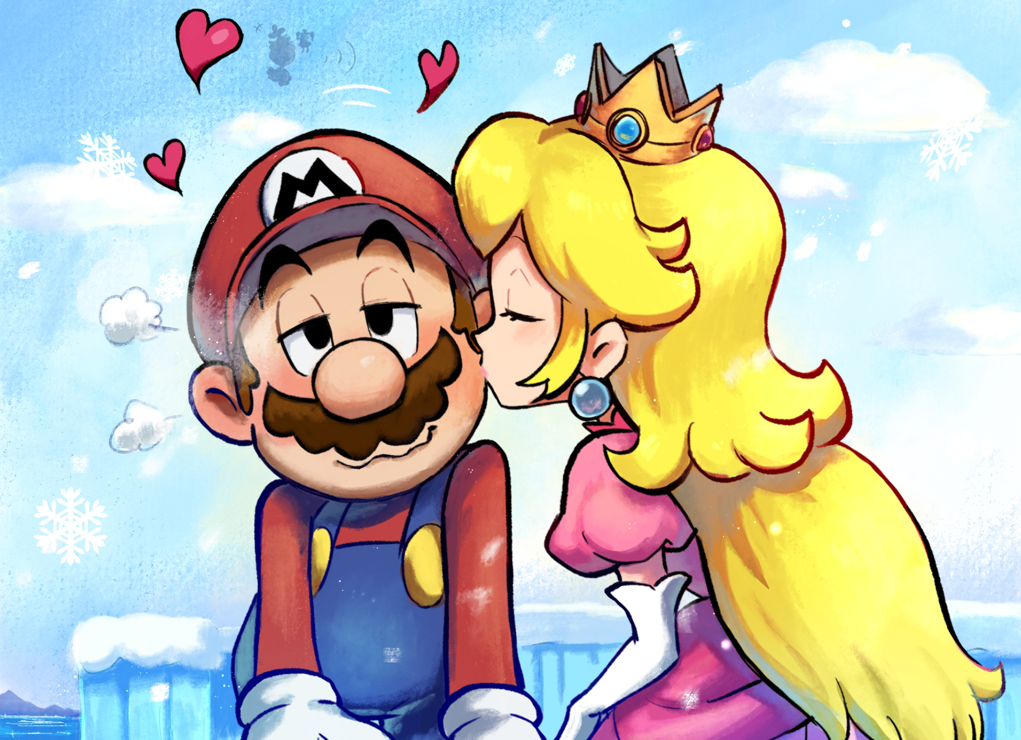 yamari (ya mari 6363), bowletta, fawful, luigi, mario, princess peach, mario & luigi: superstar saga, mario & luigi rpg, mario (series), nintendo, highres, 1boy, 1girl, blonde hair, blue overalls, blush, brown hair, closed eyes, closed mouth, crown, dress, earrings, elbow gloves, facial hair, gloves, gold crown, hat, heart, hetero, jewelry, kiss, kissing cheek, long hair, long sleeves, masanori sato (style), mustache, newsboy cap, outdoors, overalls, pink dress, puffy short sleeves, puffy sleeves, red hat, red shirt, shirt, short hair, short sleeves, smile, snowflakes, snowing, sphere earrings, wavy mouth, white gloves