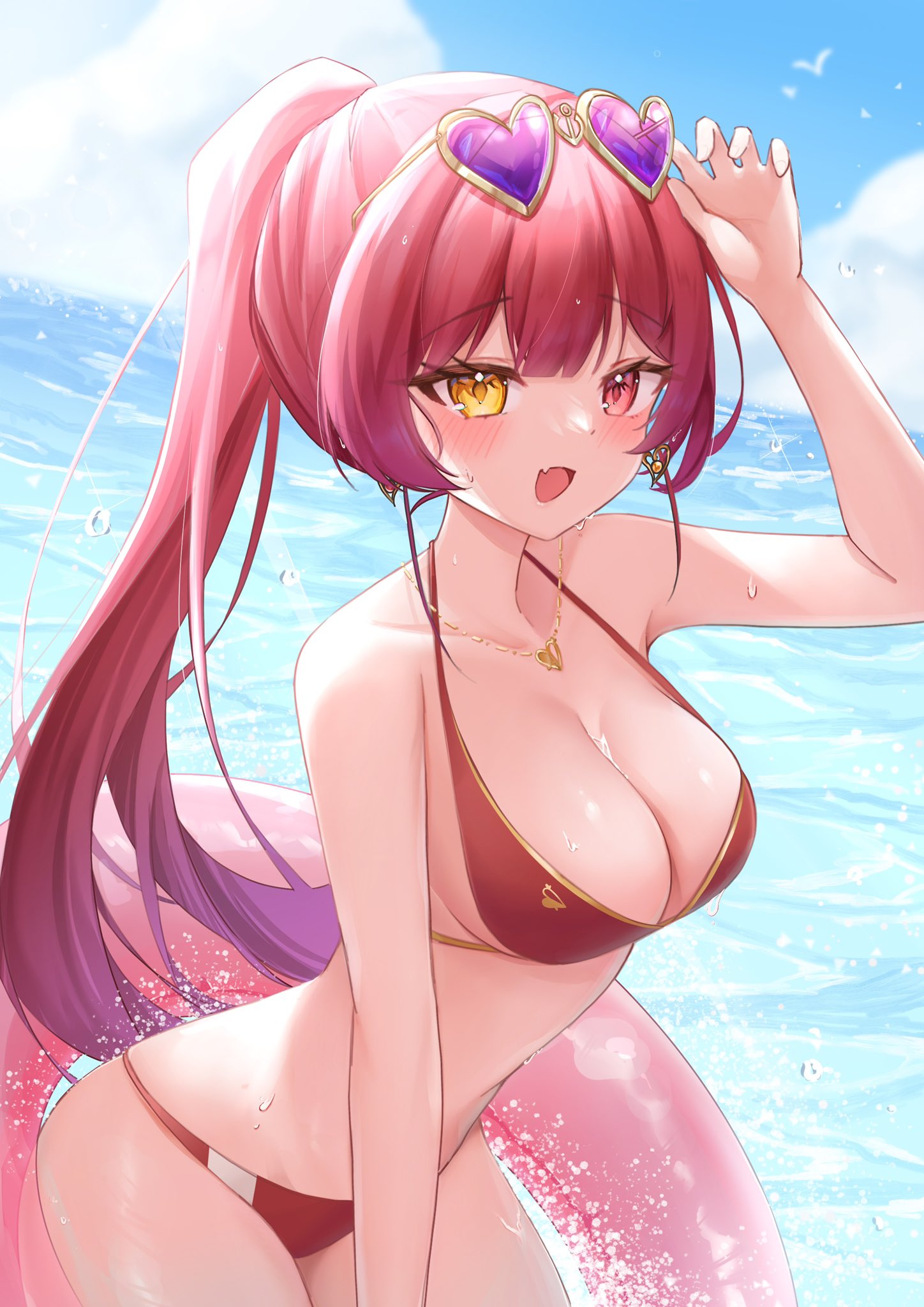 houshou marine, houshou marine (summer), hololive, highres, anko (kp2eom), bikini, breasts, cleavage, cowboy shot, eyewear on head, halterneck, heart, heart-shaped eyewear, heterochromia, large breasts, ocean, purple-tinted eyewear, red bikini, red eyes, red hair, string bikini, sunglasses, swim ring, swimsuit, tinted eyewear, virtual youtuber, yellow eyes