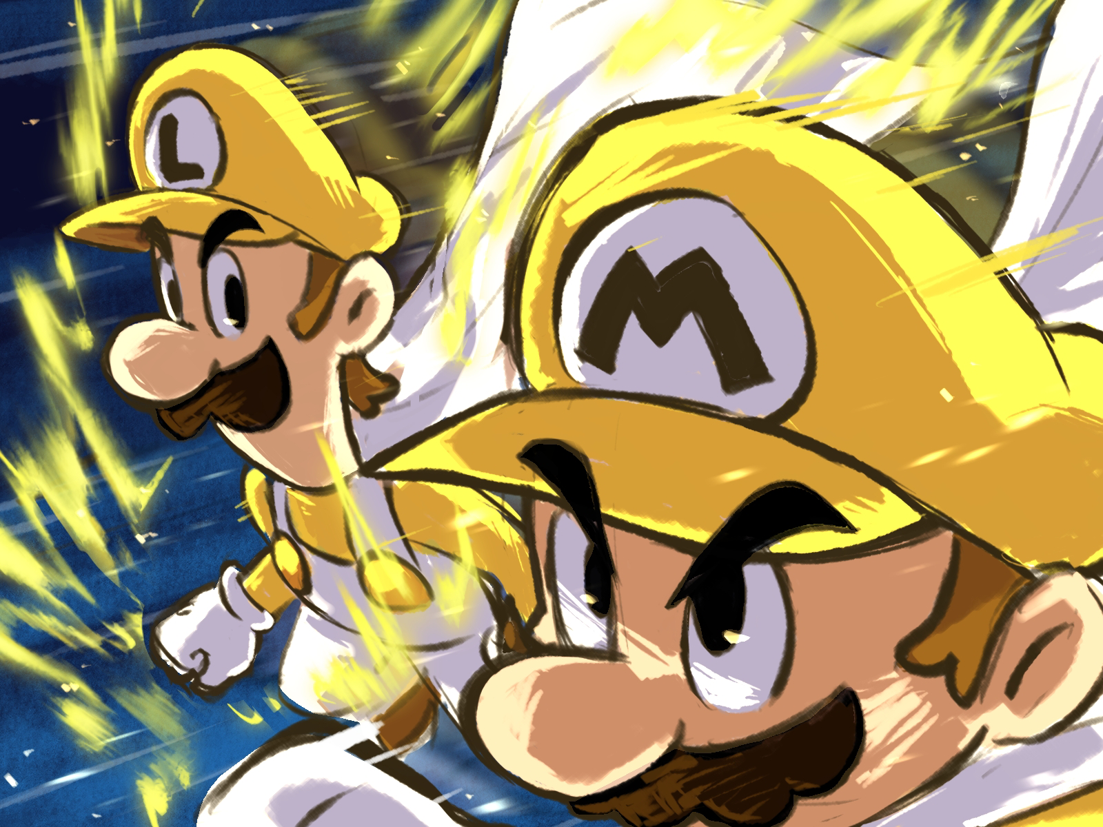 yamari (ya mari 6363), luigi, mario, mario & luigi rpg, mario (series), nintendo, highres, 2boys, alternate color, brothers, brown hair, cape, facial hair, gloves, hat, masanori sato (style), multiple boys, mustache, newsboy cap, overalls, shirt, short hair, siblings, super mario bros z, super saiyan, white cape, white gloves, white overalls, yellow hat, yellow shirt