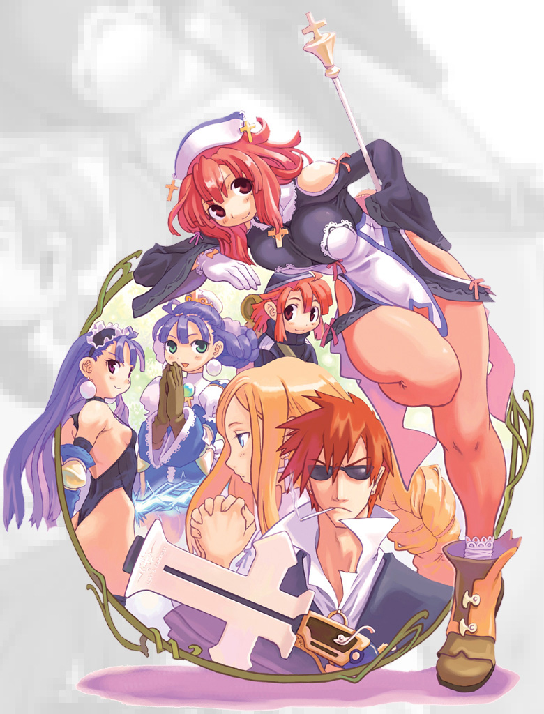 ryoji (nomura ryouji), alouette (la pucelle), croix raoul, culotte, dark eclair, eclair (la pucelle), prier, la pucelle, nippon ichi, 1boy, 5girls, breast press, breasts, dual persona, gun, hand on own hip, highleg, highleg leotard, hip focus, huge breasts, legs, leotard, looking at viewer, multiple girls, pantyhose, sideboob, weapon