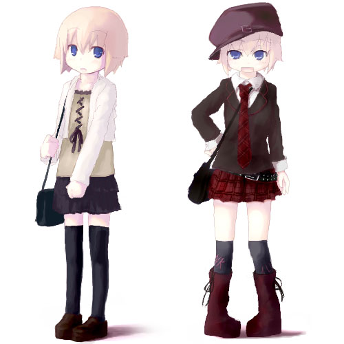 tsubasa (abchipika), original, bad id, bad pixiv id, lowres, 2girls, bag, fashion, hat, kneehighs, multiple girls, necktie, shoulder bag, socks, thighhighs