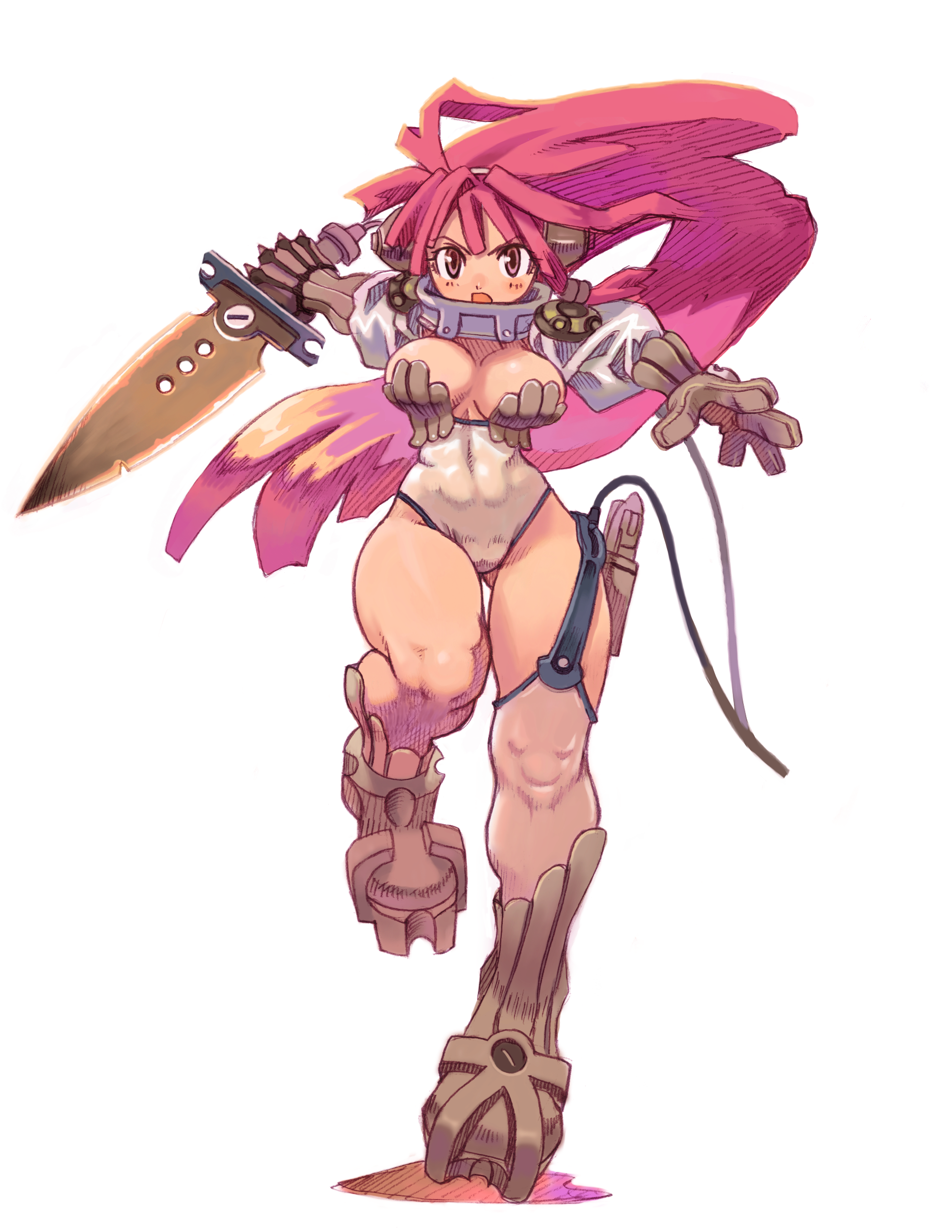 ryoji (nomura ryouji), original, absurdres, highres, 1girl, asymmetrical clothes, boots, breasts, brown eyes, curvy, dagger, female focus, gloves, hip focus, huge breasts, knife, large breasts, long hair, red hair, single thighhigh, solo, sword, thighhighs, weapon