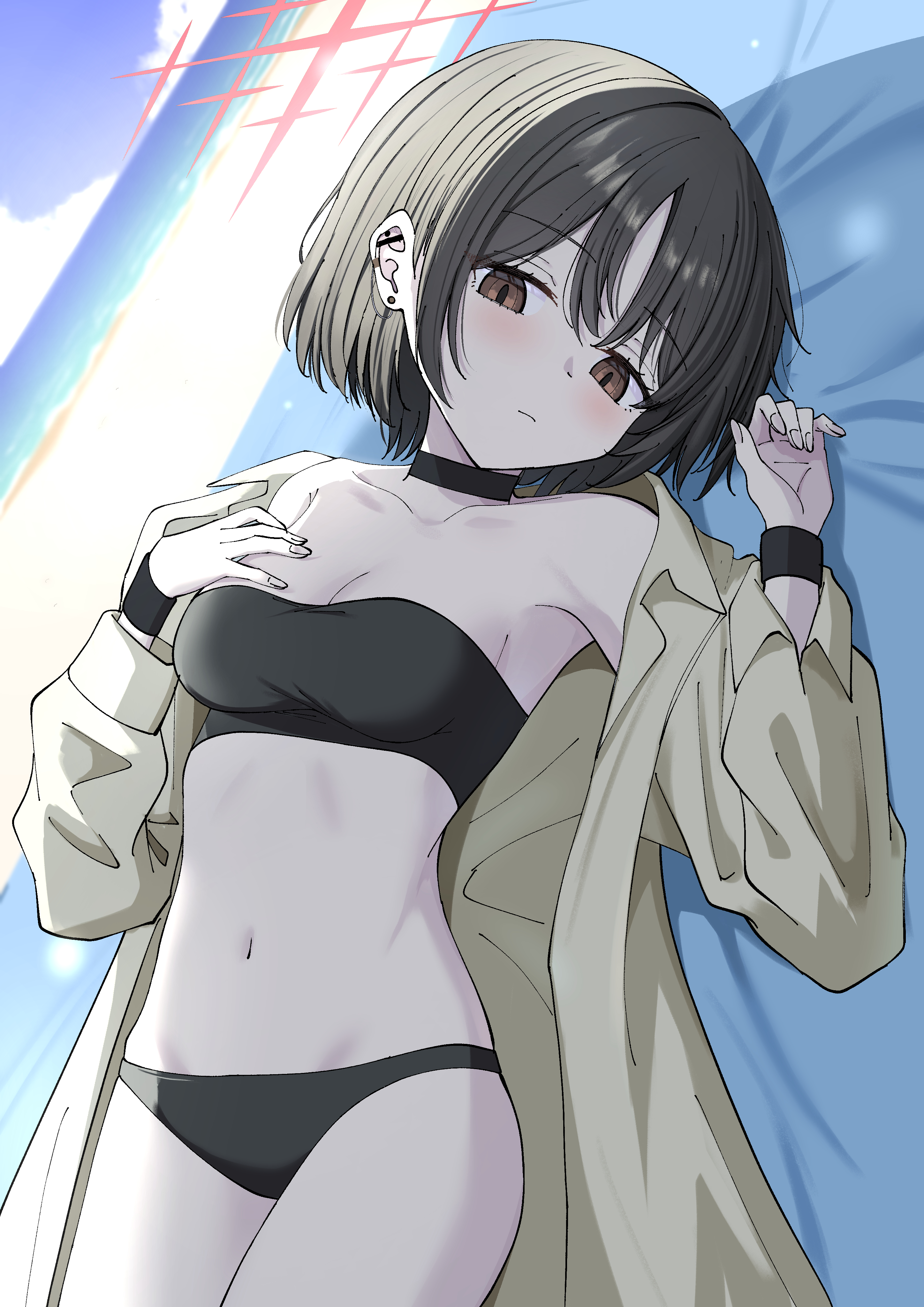 cpk prd, misaki (blue archive), misaki (swimsuit) (blue archive), blue archive, absurdres, highres, 1girl, beach, bikini, black bikini, black hair, blanket, blush, brown eyes, choker, ear piercing, expressionless, halo, looking at viewer, lying, navel, ocean, official alternate costume, open clothes, open shirt, outdoors, piercing, red halo, shirt, short hair, strapless, strapless bikini, swimsuit, water