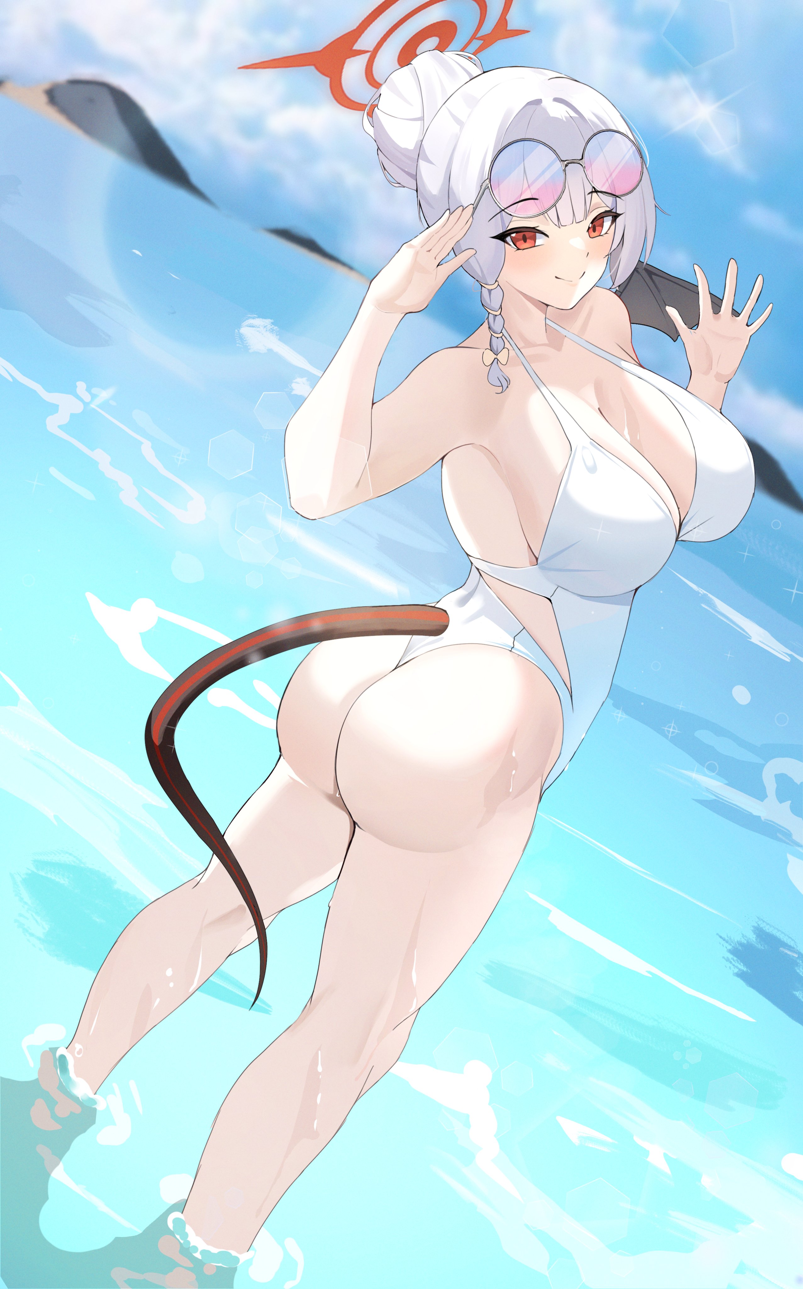 kurochomo, haruna (blue archive), haruna (swimsuit) (blue archive), blue archive, absurdres, commentary, highres, 1girl, alternate hairstyle, ass, bad anatomy, blush, braid, breasts, casual one-piece swimsuit, cleavage, cloud, demon wings, eyewear on head, feet out of frame, grey hair, hair bun, hair ribbon, halo, hand up, large breasts, looking at viewer, looking back, medium hair, ocean, official alternate costume, one-piece swimsuit, red eyes, red halo, ribbon, round eyewear, salute, sky, smile, swimsuit, tail, thighs, twisted torso, wet, white one-piece swimsuit, wings