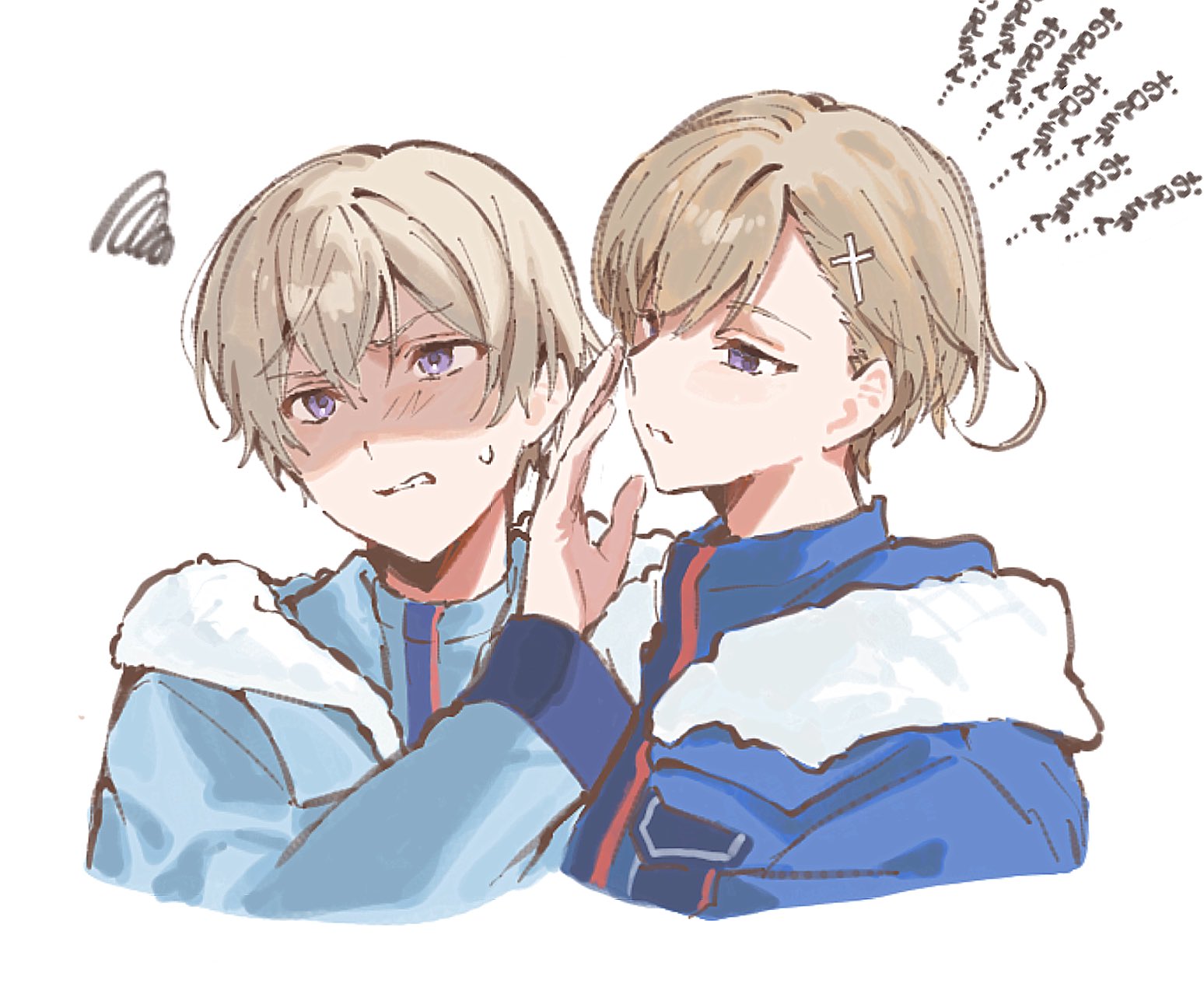 soji 777, iceland (hetalia), norway (hetalia), axis powers hetalia, commentary request, highres, 2boys, ahoge, blonde hair, blue jacket, blue shirt, blush, breast pocket, brown hair, cross hair ornament, fur-trimmed jacket, fur trim, hair between eyes, hair ornament, half-closed eyes, hand up, jacket, looking at another, looking up, male focus, multiple boys, open clothes, open jacket, pocket, purple eyes, shaded face, shirt, short hair, simple background, squiggle, sweatdrop, teeth, upper body, v-shaped eyebrows, white background