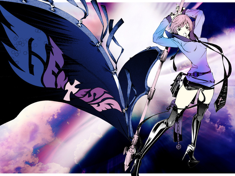 oogure ito, simca, air gear, 00s, 1girl, bag, belt, boots, breasts, female focus, genesis, high heels, large breasts, necktie, open mouth, pink hair, polearm, school bag, shoes, short hair, short shorts, shorts, solo, spear, thigh boots, thighhighs, weapon