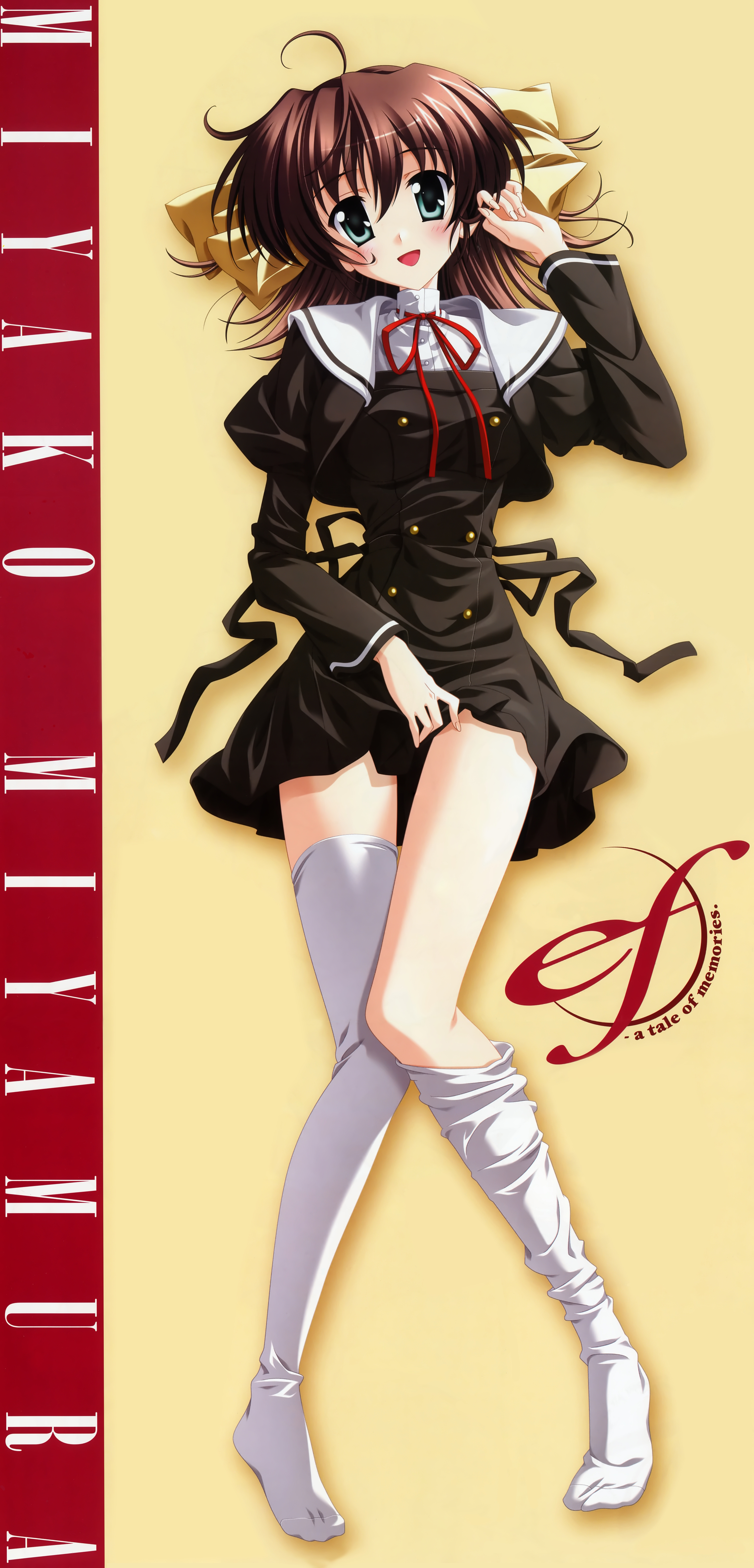 nanao naru, miyamura miyako, ef (visual novel), absurdres, highres, 00s, clothes lift, feet, legs, no shoes, school uniform, serafuku, skirt, skirt lift, solo, thighhighs