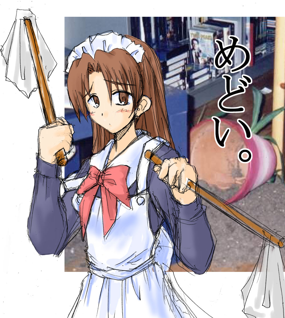 medoi, futaba channel, nijiura maids, highres, translated, 1girl, brown eyes, brown hair, duster, female focus, indoors, long hair, looking at viewer, maid, photo background, sketch, solo