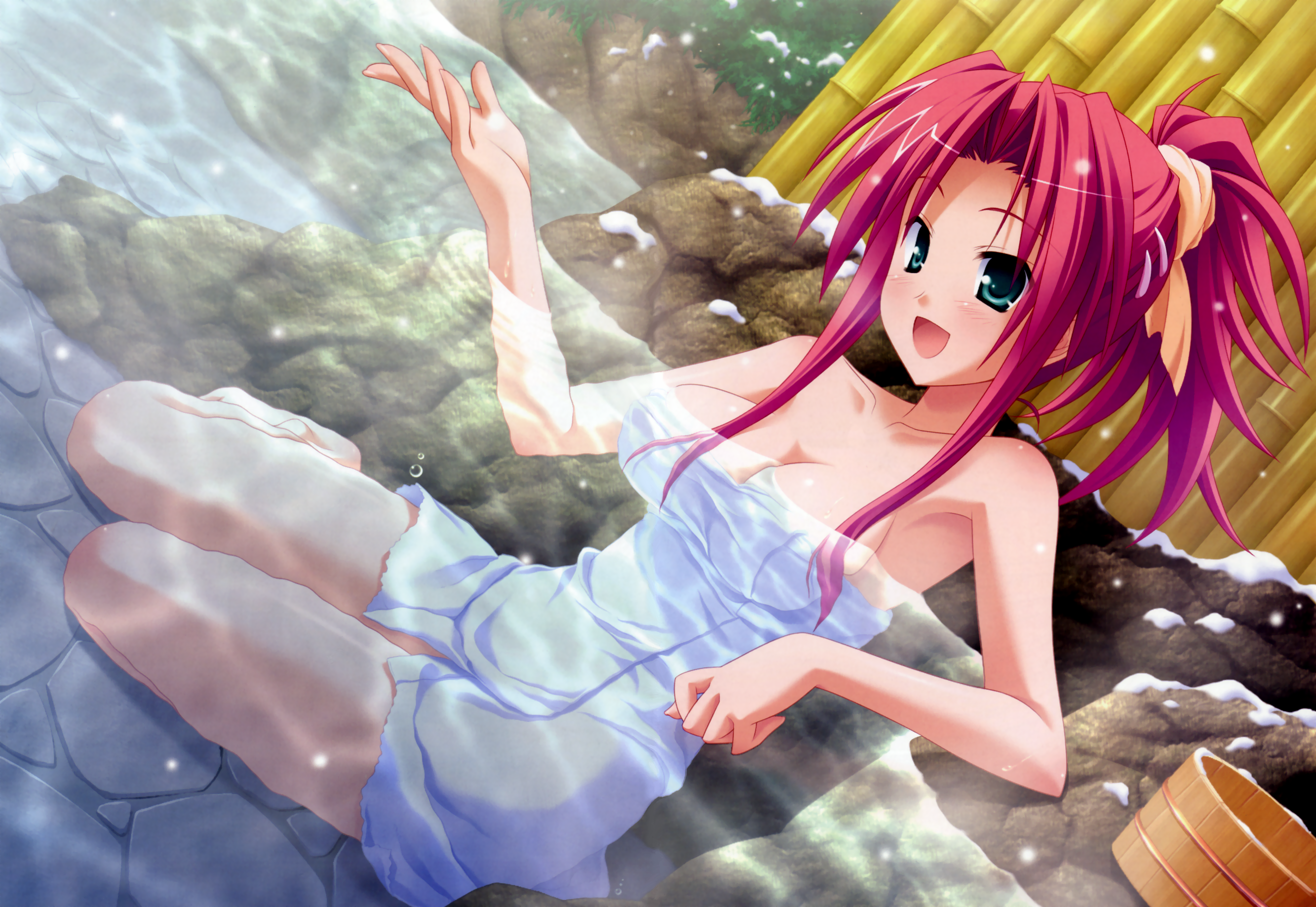 hinata mutsuki, satou hina, pia carrot (series), pia carrot e youkoso!!, pia carrot e youkoso!! g.p., highres, scan, 1990s (style), 1girl, breasts, cleavage, female focus, hair intakes, hair ornament, hairclip, impossible towel, naked towel, onsen, ponytail, red hair, retro artstyle, sitting, snow, snowing, solo, towel
