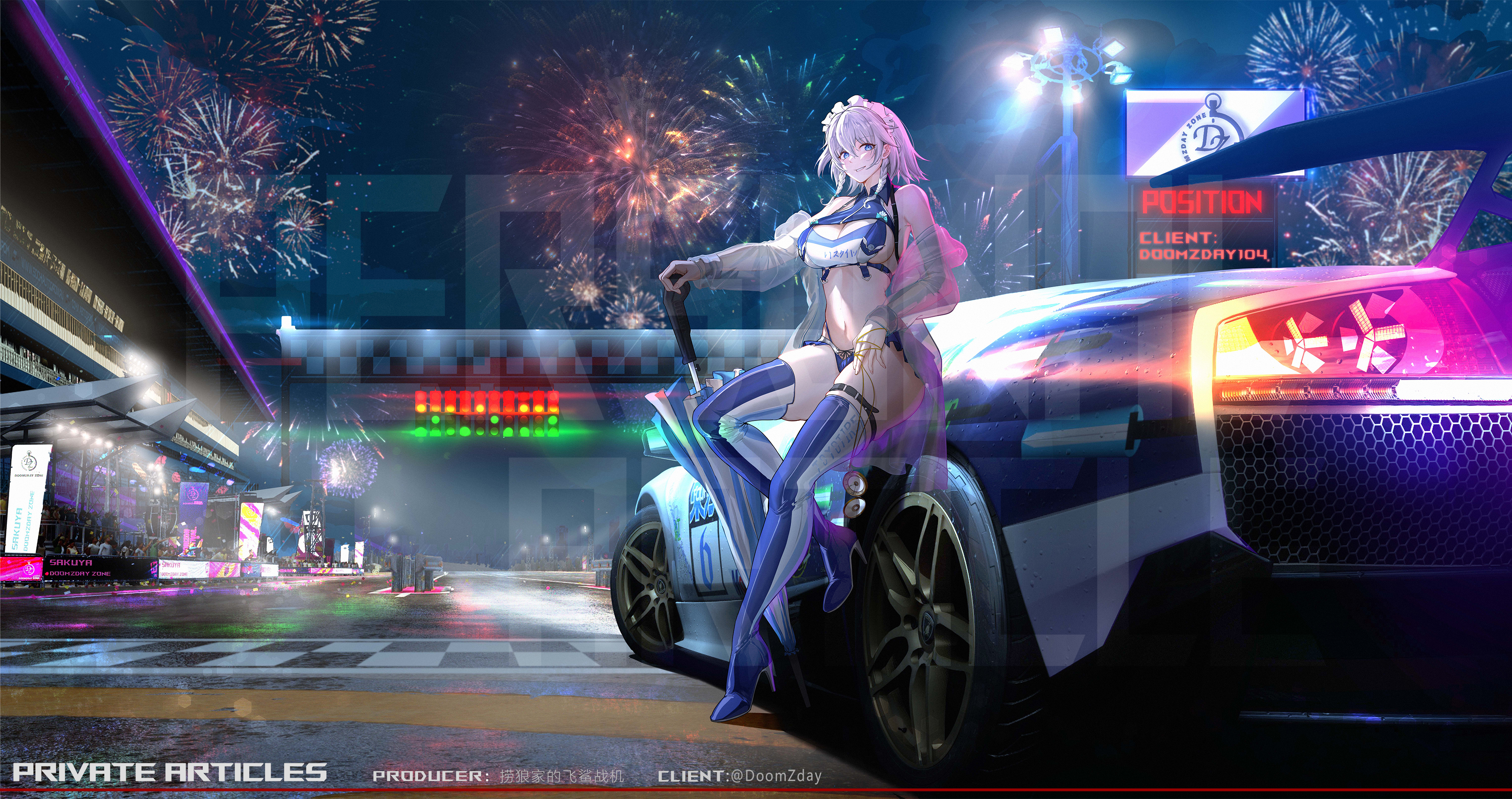 qiyedefeishazhanji, izayoi sakuya, forza, touhou, absurdres, highres, 1girl, bikini, boots, bow, braid, breasts, car, cleavage, fireworks, forza horizon 5, frilled bikini, frills, grey hair, holding, holding umbrella, lamborghini murcielago, maid headdress, motor vehicle, night, on car, planted, planted umbrella, race queen, racetrack, short hair, swimsuit, thigh boots, thigh strap, twin braids, umbrella, watermark