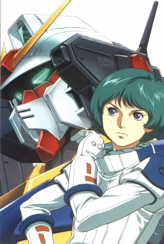 naka morifumi, onda naoyuki, gundam mk ii, kamille bidan, gundam, zeta gundam, pilot suit, artist collaboration, 1boy, blue eyes, blue hair, cover image, male focus, matching hair/eyes, mecha, mecha pilot suit, normal suit (gundam), robot, solo