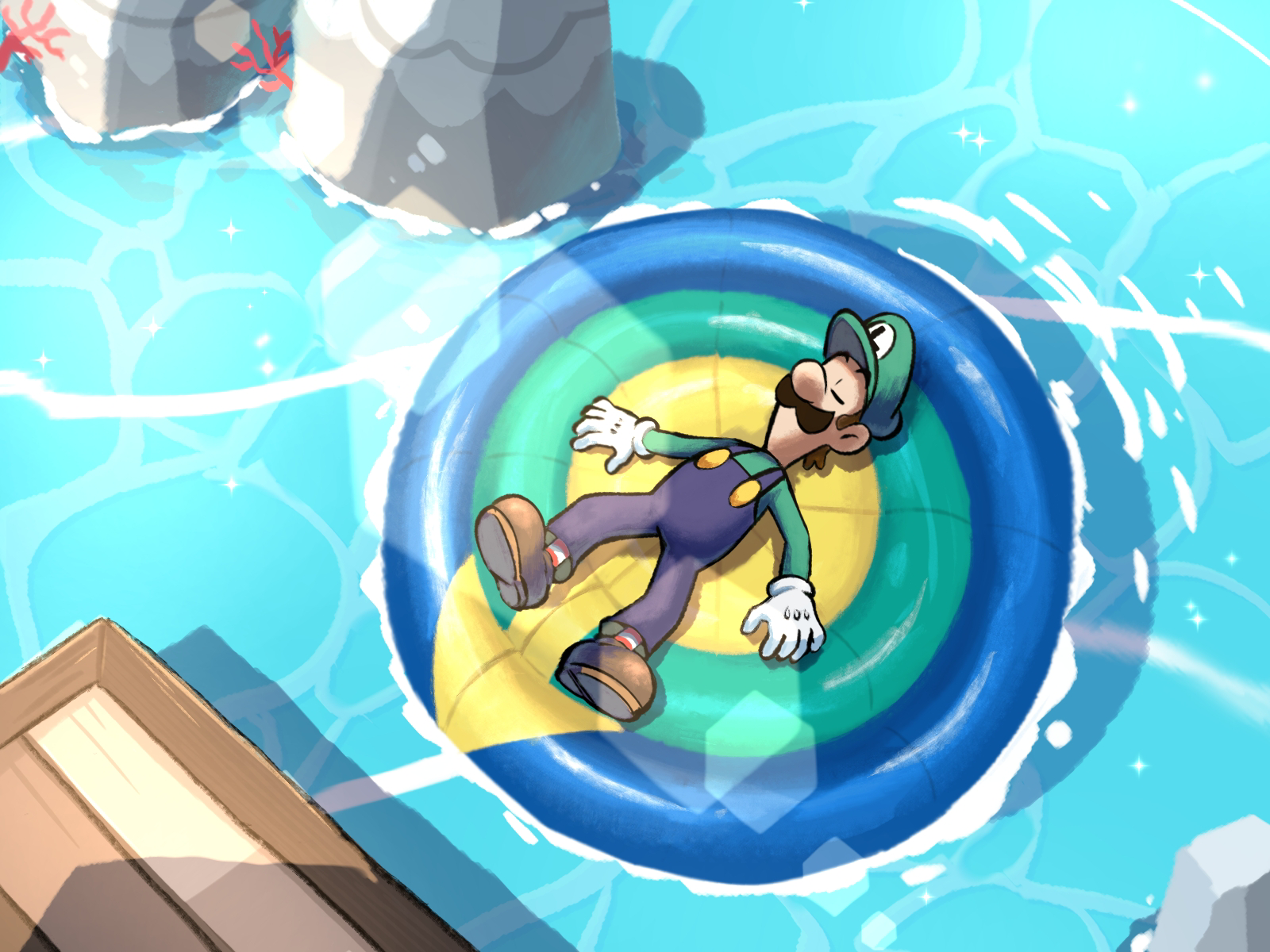 yamari (ya mari 6363), luigi, mario & luigi: dream team, mario & luigi rpg, mario (series), nintendo, highres, 1boy, blue overalls, boots, brown boots, brown hair, caustics, closed eyes, facial hair, gloves, green shirt, hat, innertube, lying, male focus, masanori sato (style), mustache, on back, outdoors, overalls, rock, shirt, short hair, solo, swim ring, water, white gloves