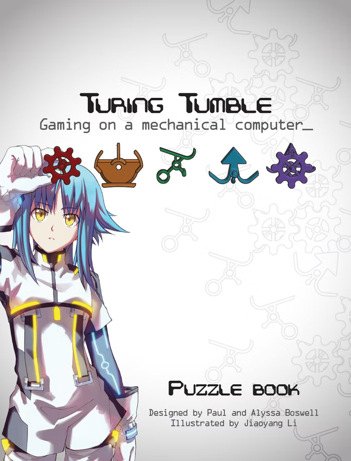 official art, third-party source, 1girl, alia (turing tumble), aqua hair, artist name, copyright name, cover, cover page, english text, gloves, holding, jiaoyang li, long hair, sidelocks, solo, turing tumble, white gloves, yellow eyes