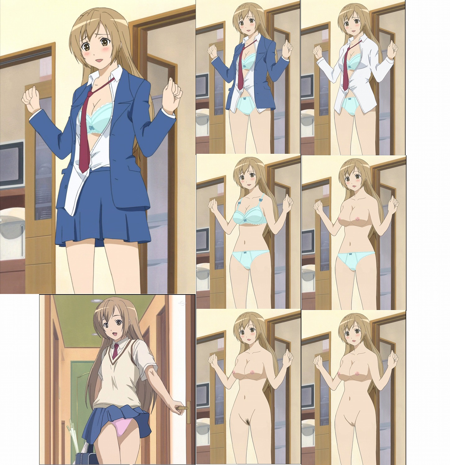 minami haruka, minami-ke, highres, nude filter, third-party edit, 00s, 1girl, bottomless, female pubic hair, lingerie, open clothes, open shirt, panties, pubic hair, shirt, strip chart, topless female, uncensored, underwear