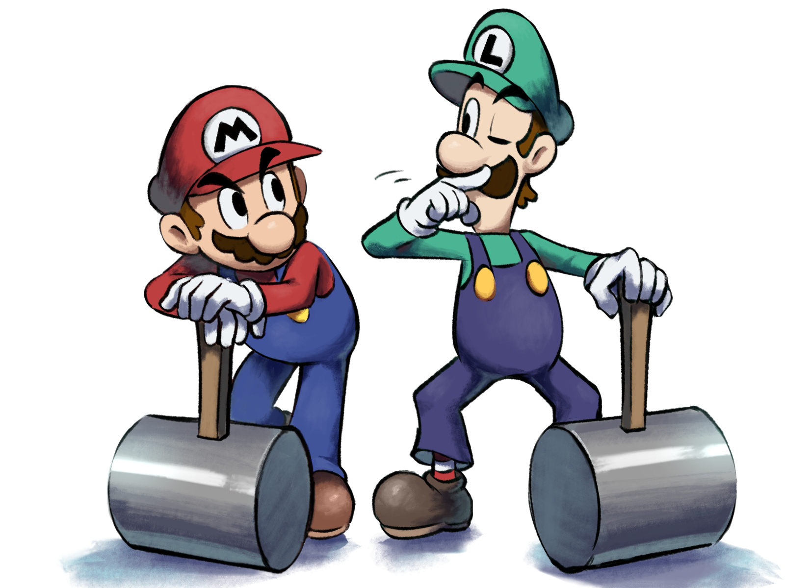 yamari (ya mari 6363), luigi, mario, mario & luigi rpg, mario (series), nintendo, highres, 2boys, blue overalls, boots, brothers, brown boots, brown hair, facial hair, full body, gloves, green hat, green shirt, hammer, hat, long sleeves, looking at another, male focus, masanori sato (style), multiple boys, mustache, newsboy cap, one eye closed, overalls, red hat, red shirt, red socks, shirt, short hair, siblings, simple background, socks, striped clothes, striped socks, white background, white gloves, white socks