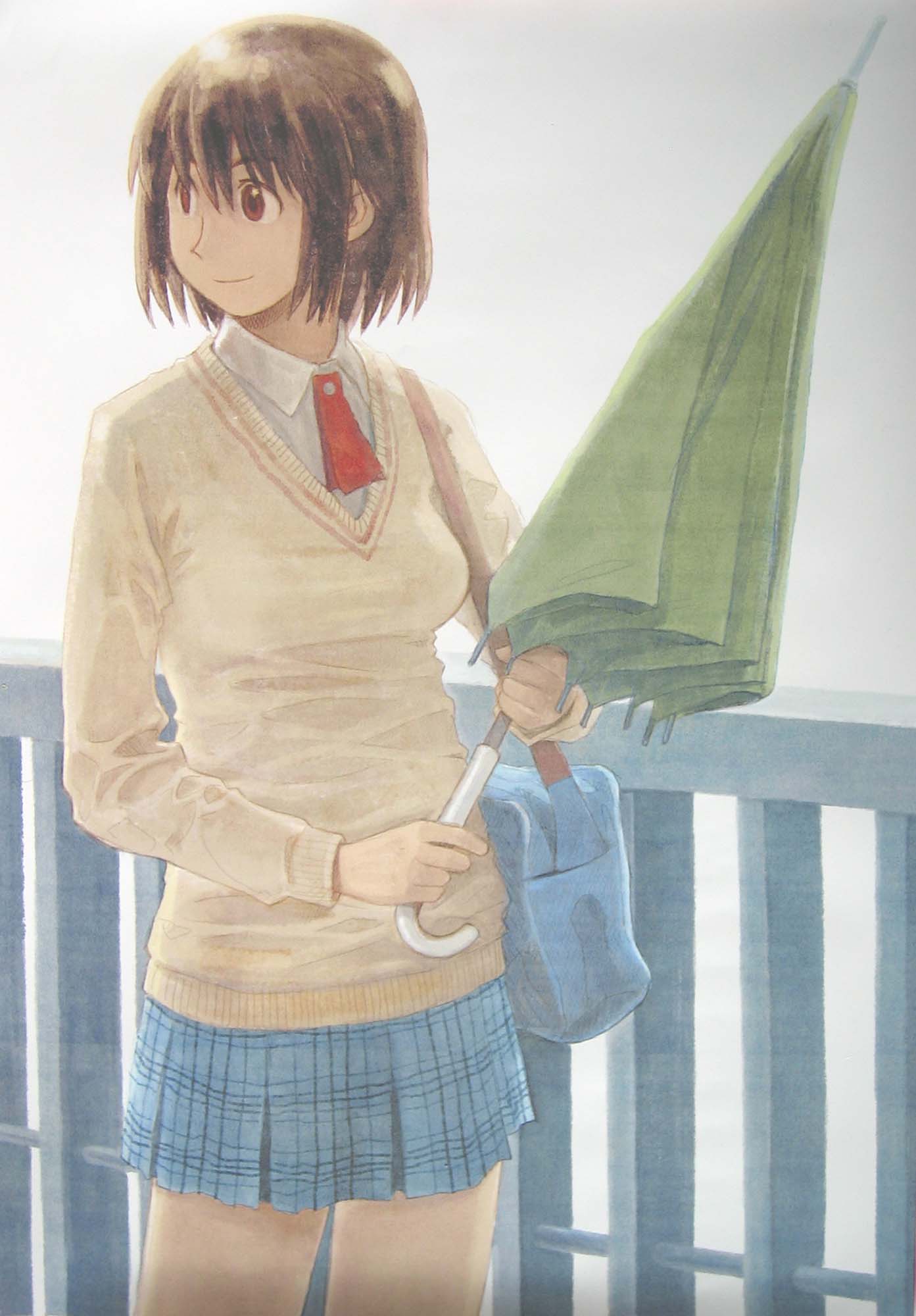 azuma kiyohiko, ayase fuuka, yotsubato!, highres, 1girl, bag, brown hair, closed umbrella, female focus, school uniform, serafuku, short hair, smile, solo, thick eyebrows, umbrella