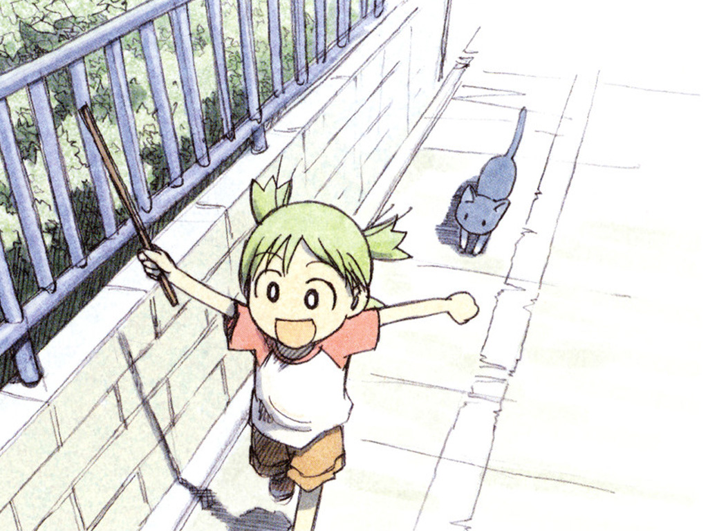 azuma kiyohiko, koiwai yotsuba, yotsubato!, cat, child, raglan sleeves, solo, stick