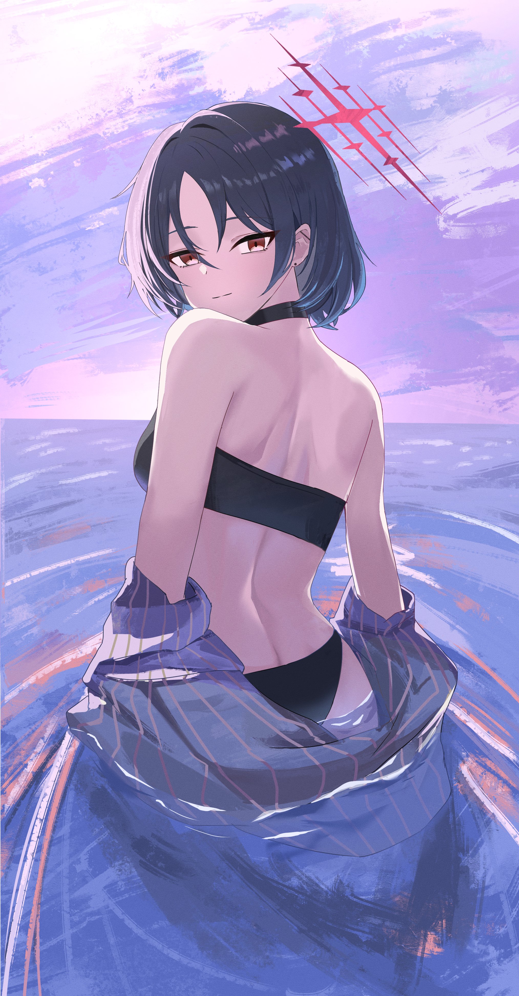 peko17596, misaki (blue archive), misaki (swimsuit) (blue archive), blue archive, absurdres, highres, 1girl, back, bikini, black bikini, black choker, black hair, brown eyes, choker, ear piercing, halo, looking back, ocean, official alternate costume, open clothes, open shirt, outdoors, piercing, pinstripe pattern, pinstripe shirt, plaid clothes, plaid shirt, red halo, shirt, shirt slip, short hair, smile, solo, sparkle, strapless, strapless bikini, striped clothes, sunset, swimsuit, water, wet, wet clothes