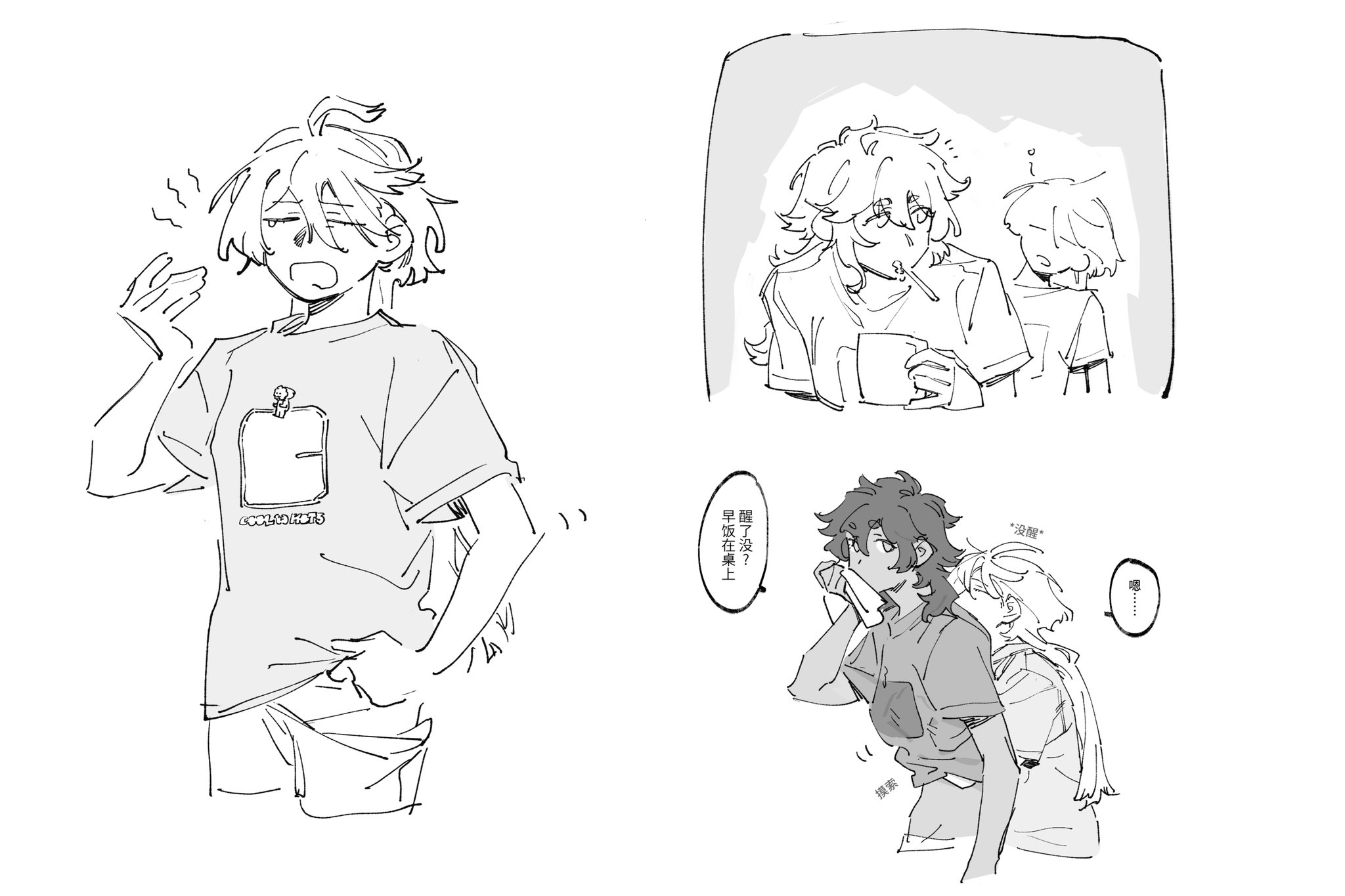 nideaneng, miorine rembran, suletta mercury, gundam, gundam suisei no majo, highres, 2girls, brushing teeth, chinese text, cowboy shot, dark-skinned female, dark skin, greyscale, groping, hug, hug from behind, long hair, monochrome, multiple girls, shirt, sleepy, t-shirt, waking up, yuri
