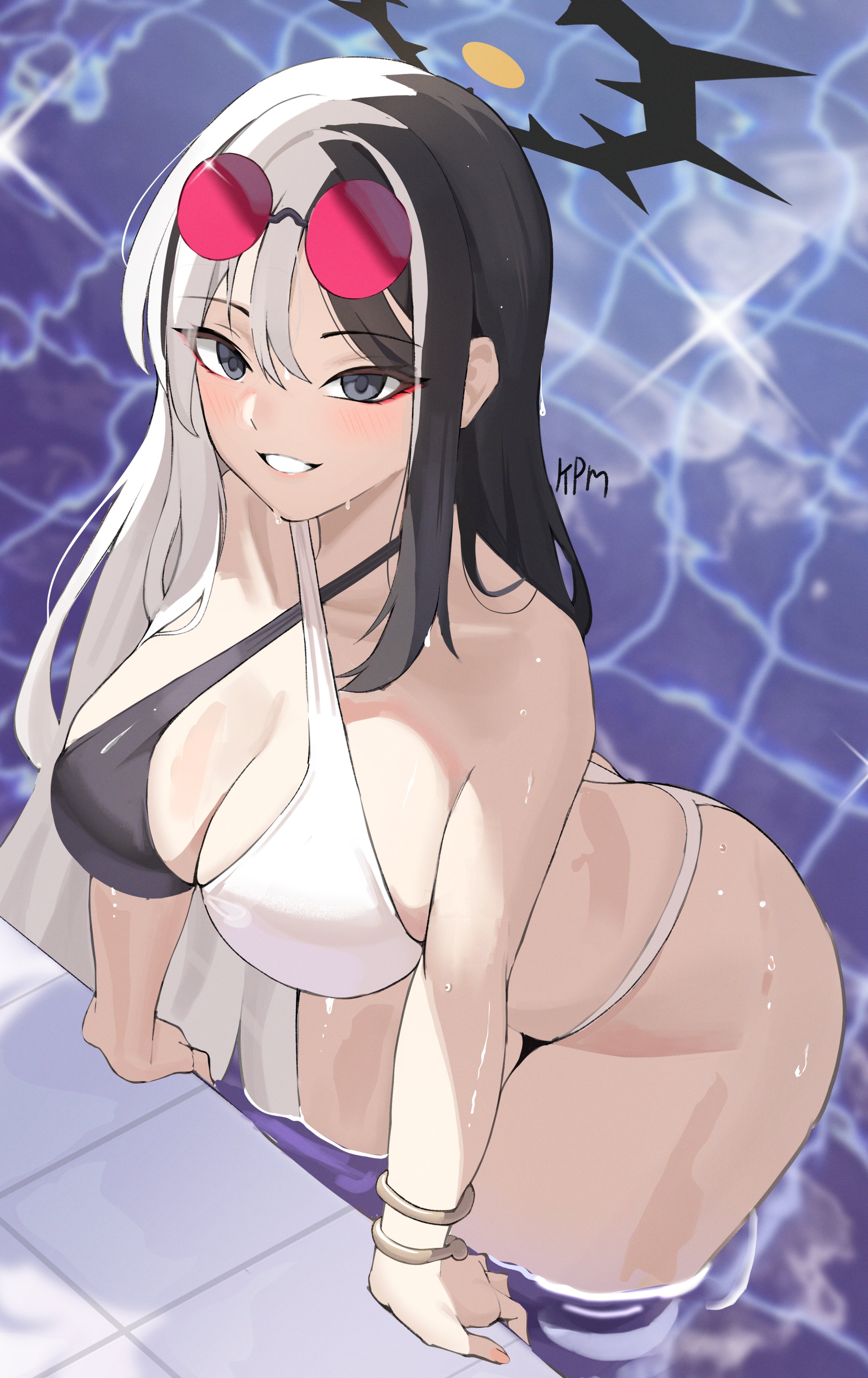 kurochomo, kai (blue archive), blue archive, absurdres, highres, 1girl, alternate costume, ass, bikini, black halo, criss-cross halter, halo, halterneck, multicolored hair, pool, poolside, smile, solo, split-color hair, swimsuit, two-tone hair, water, wet