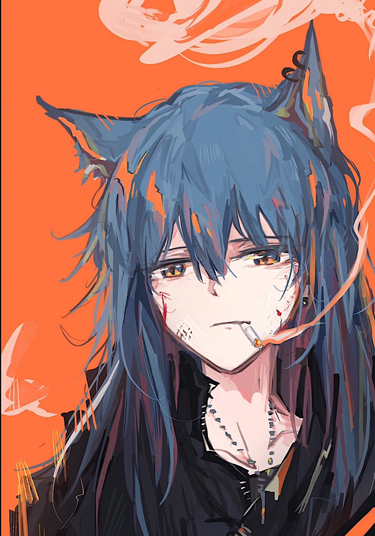lalvice, texas (arknights), arknights, chinese commentary, commentary request, 1girl, animal ear piercing, animal ears, black shirt, blood, blood on face, blue eyes, blue hair, cigarette, hair between eyes, jewelry, looking at viewer, medium hair, multicolored eyes, multicolored hair, necklace, orange background, orange eyes, orange hair, portrait, shirt, simple background, smoke, smoking, solo, streaked hair, two-tone eyes, wolf ears, wolf girl