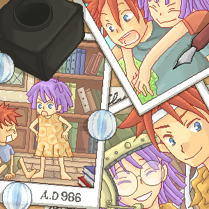 crono (chrono trigger), lucca ashtear, chrono (series), chrono trigger, lowres, 1990s (style), 1boy, 1girl, dated, dress, glasses, helmet, inkwell, oekaki, pen, photo (object), pixel art, purple hair, red hair, smile, tears