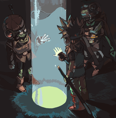 crono (chrono trigger), frog (chrono trigger), lucca ashtear, chrono (series), chrono trigger, lowres, 1990s (style), cape, glasses, headband, helmet, spiked hair, sword, weapon