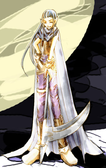magus (chrono trigger), chrono (series), chrono trigger, 1990s (style), 1boy, boots, cape, long hair, male focus, moon, pointy ears, scythe, solo