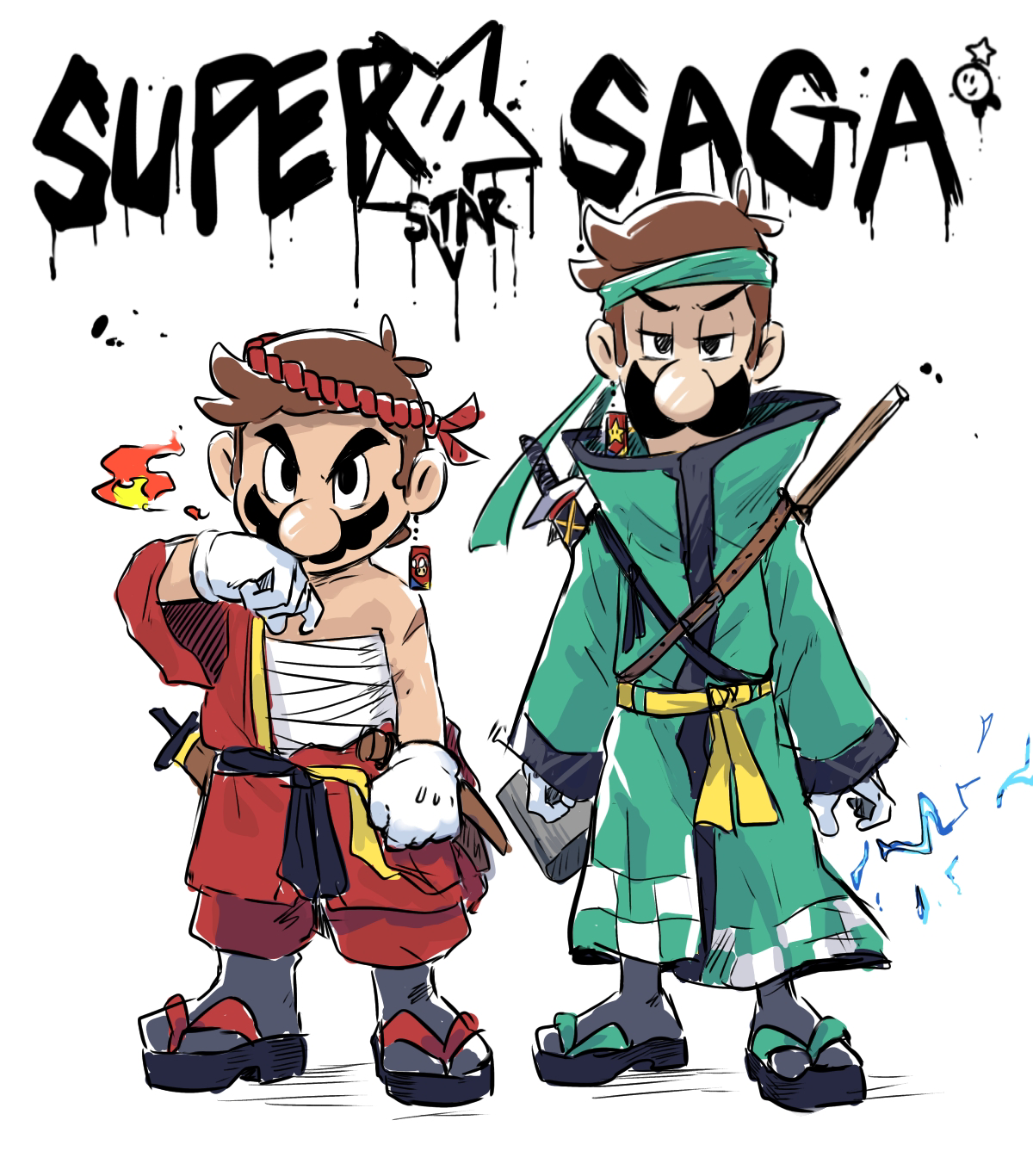 yamari (ya mari 6363), luigi, mario, starlow, super star (mario), mario & luigi: superstar saga, mario & luigi rpg, mario (series), nintendo, highres, 2boys, alternate costume, black eyes, brothers, brown hair, coat, copyright name, electricity, english text, facial hair, fire, gloves, green coat, green headband, hand up, headband, japanese clothes, long sleeves, looking at viewer, male focus, multiple boys, mustache, red headband, sandals, sarashi, short hair, siblings, side-by-side, simple background, standing, star (symbol), tabi, white background, white gloves