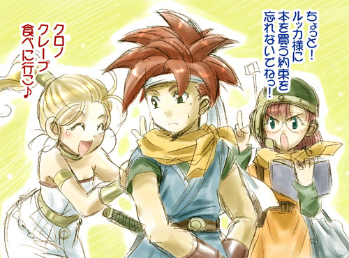 crono (chrono trigger), lucca ashtear, marle (chrono trigger), chrono (series), chrono trigger, lowres, translated, 1990s (style), 1boy, 2girls, ^ ^, angry, antennae, armband, bag, belt, blonde hair, book, bracer, choker, closed eyes, glasses, headband, helmet, multiple girls, neckerchief, ponytail, purple hair, pushing, red hair, satchel, short hair, spiked hair, sweatdrop, sword, weapon