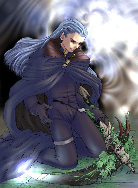 magus (chrono trigger), chrono (series), chrono trigger, 1990s (style), 1boy, blue hair, cape, earrings, gloves, jewelry, leaf, long hair, male focus, pointy ears, scythe, skull, solo
