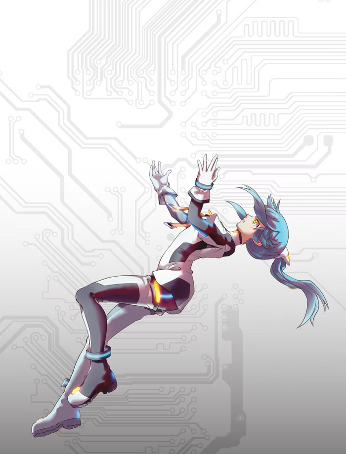 official art, third-party source, 1girl, alia (turing tumble), aqua hair, falling, from side, full body, gloves, jiaoyang li, long hair, ponytail, sidelocks, solo, turing tumble, white gloves