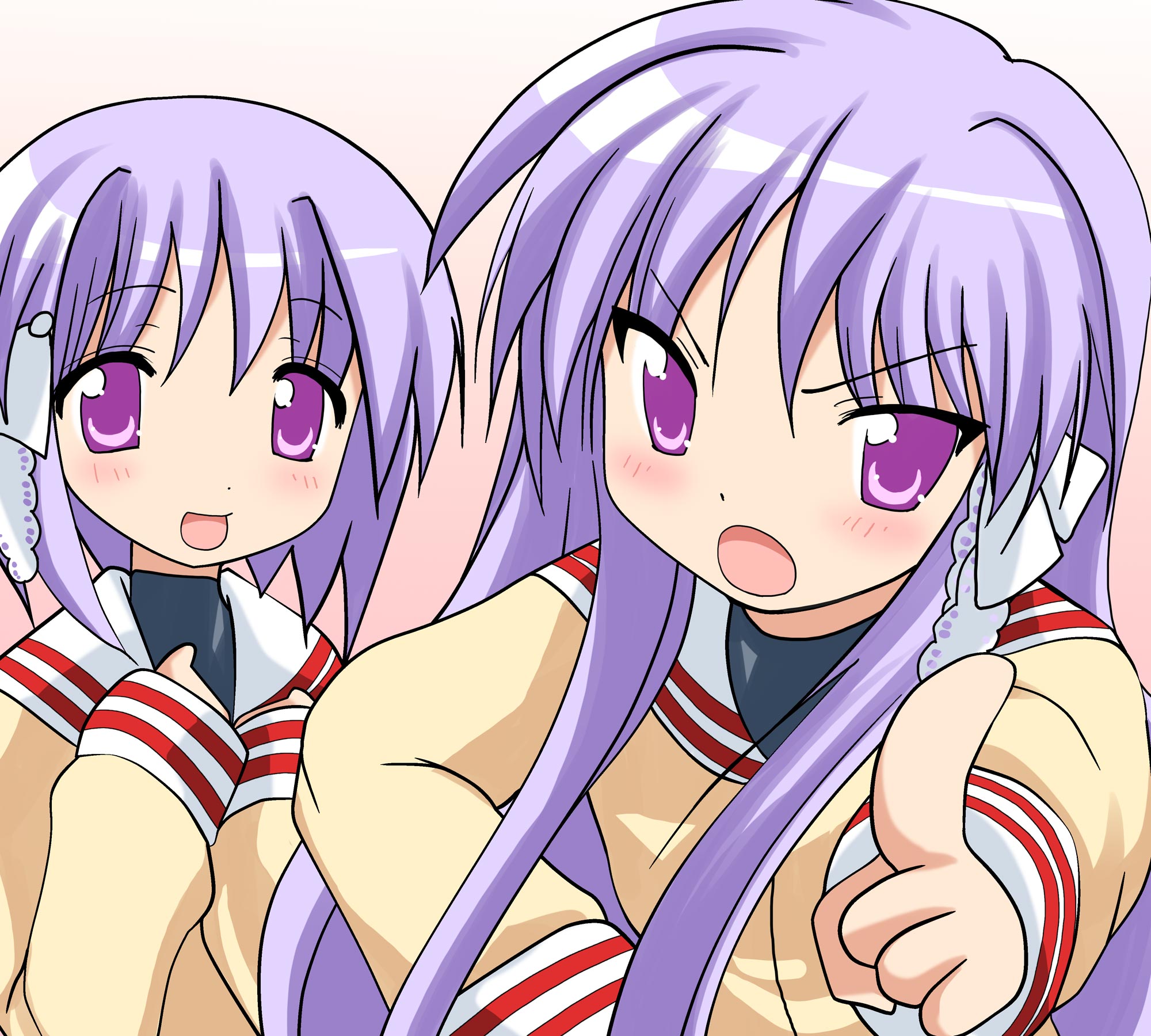 namamo nanase, fujibayashi kyou, fujibayashi ryou, hiiragi kagami, hiiragi tsukasa, clannad, kyoto animation, lucky star, highres, 2girls, company connection, cosplay, fujibayashi kyou (cosplay), fujibayashi ryou (cosplay), long hair, look-alike, multiple girls, parody, purple eyes, purple hair, school uniform, serafuku, short hair, siblings, sisters, twins