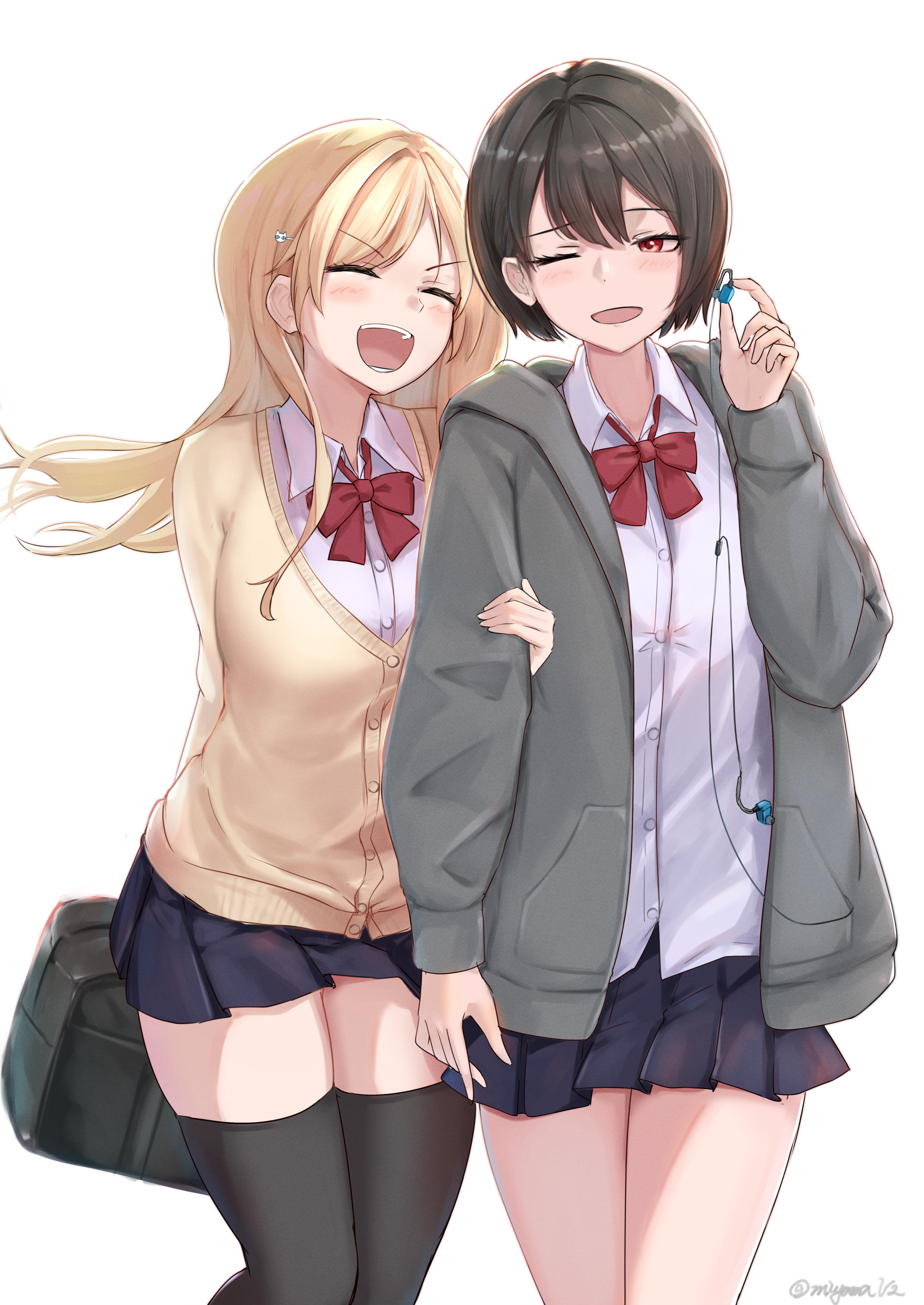 miyama mizuki (hoshihoshi1220), original, absurdres, commentary request, highres, translation request, 2girls, arm hug, bag, black thighhighs, blonde hair, blue skirt, blush, bow, bowtie, bracelet, brown hair, dress shirt, hair ornament, jewelry, long hair, multiple bracelets, multiple girls, one eye closed, pleated skirt, red bow, red eyes, removing earbuds, school bag, school uniform, shirt, short hair, skirt, smile, sweater, thighhighs, thighs, twitter username, white background, yellow sweater, yuri