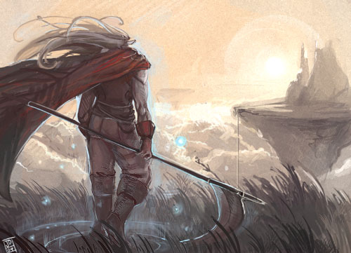 magus (chrono trigger), chrono (series), chrono trigger, silver hair, lowres, 1990s (style), 1boy, cape, field, from behind, long hair, male focus, pointy ears, retro artstyle, scenery, scythe, solo